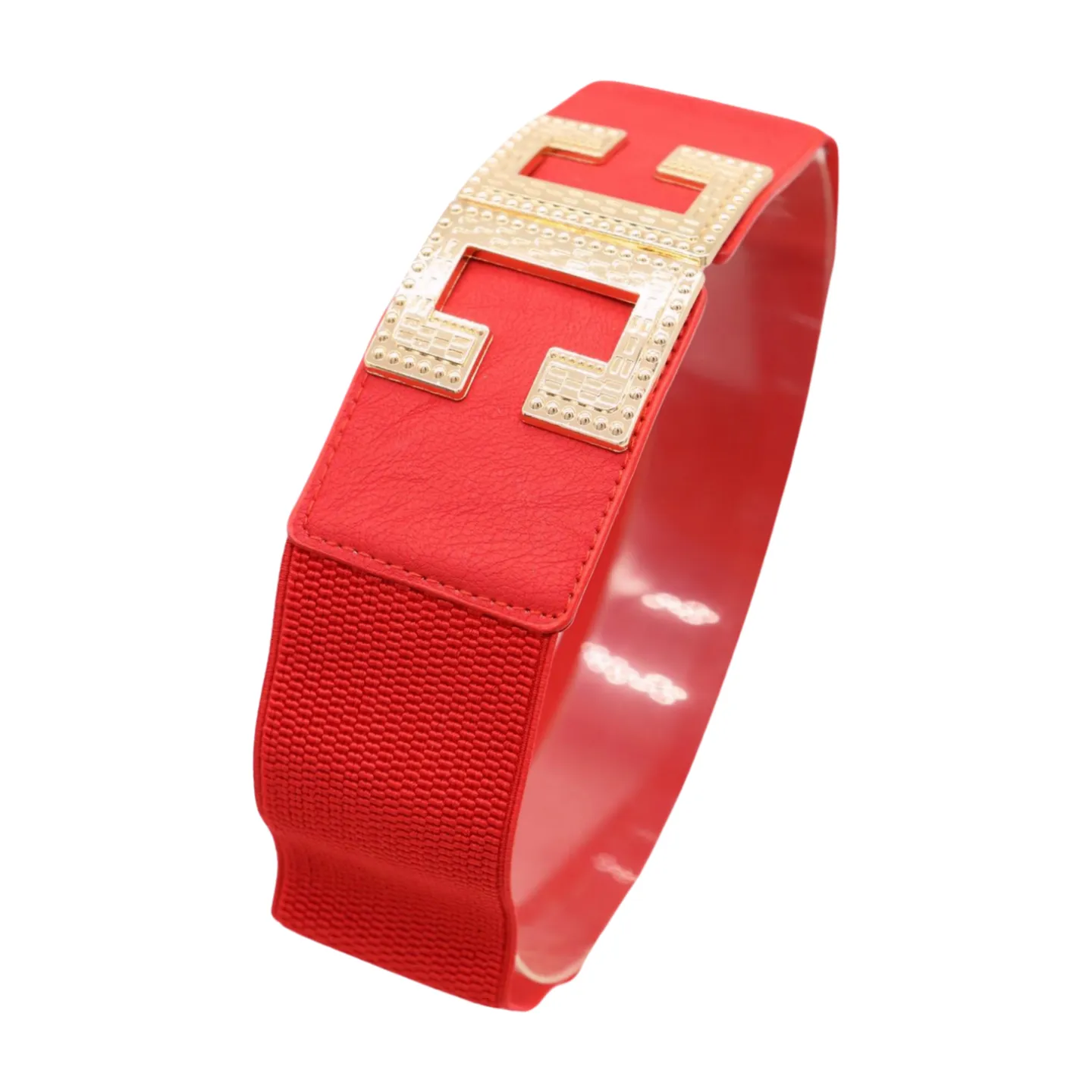 Women Red Elastic Fashion Belt Gold Metal C Buckle Fit Size S M