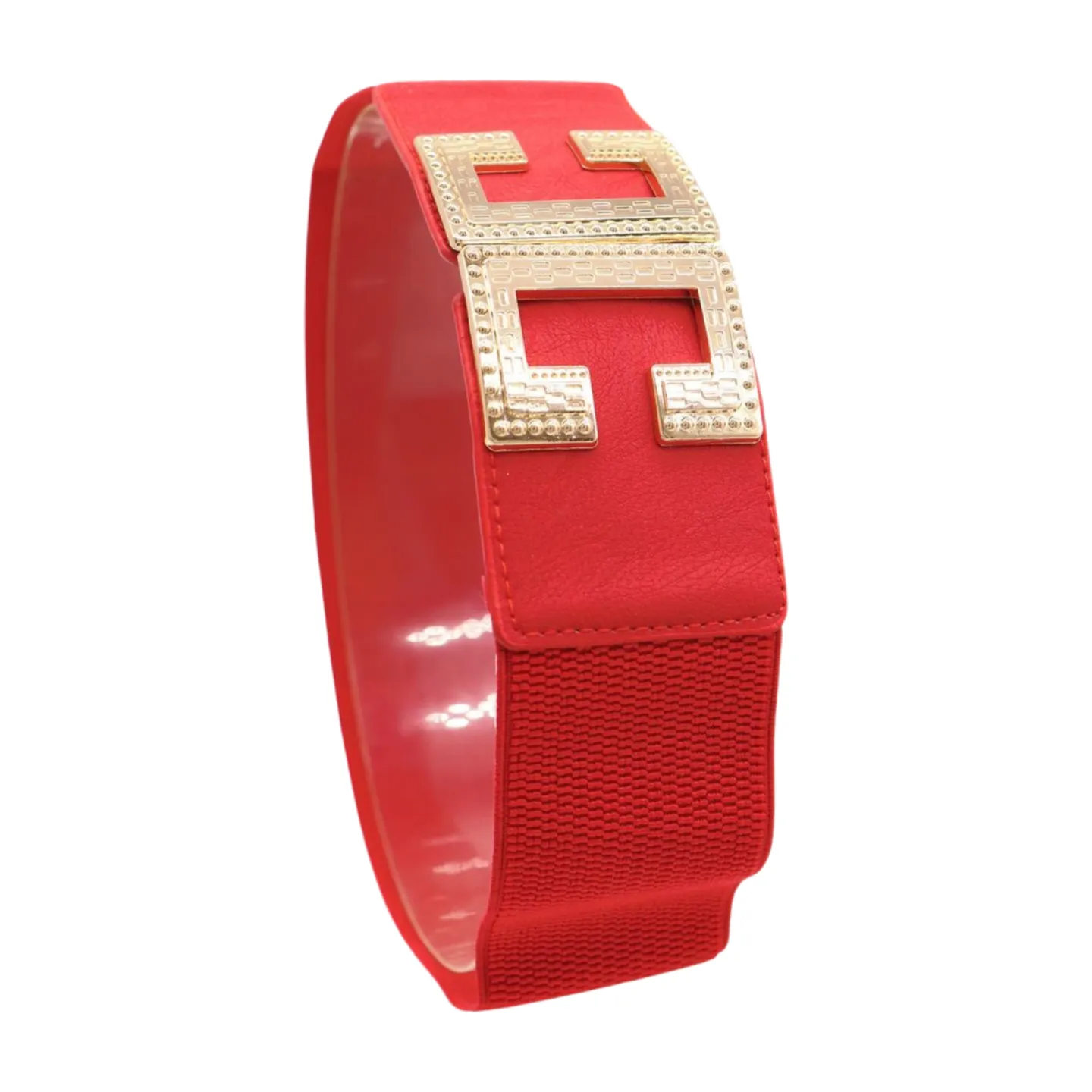 Women Red Elastic Fashion Belt Gold Metal C Buckle Fit Size S M