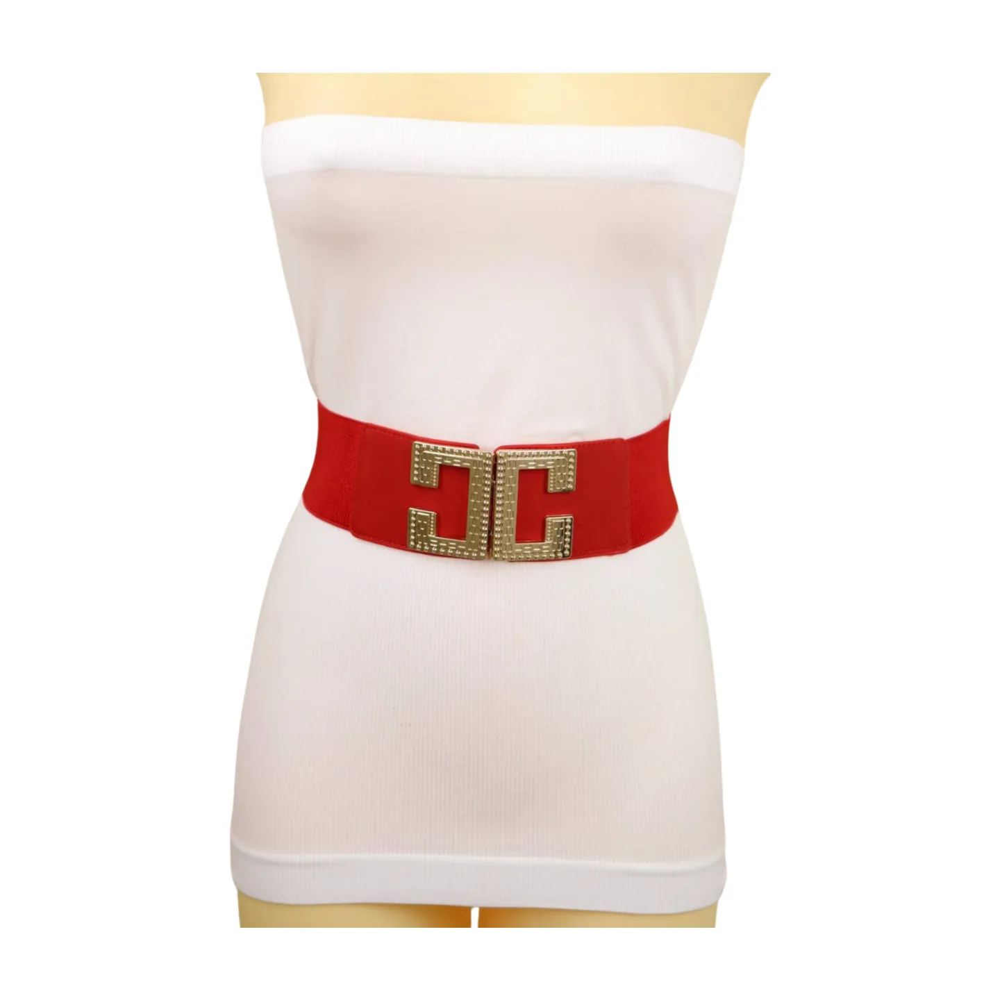 Women Red Elastic Fashion Belt Gold Metal C Buckle Fit Size S M