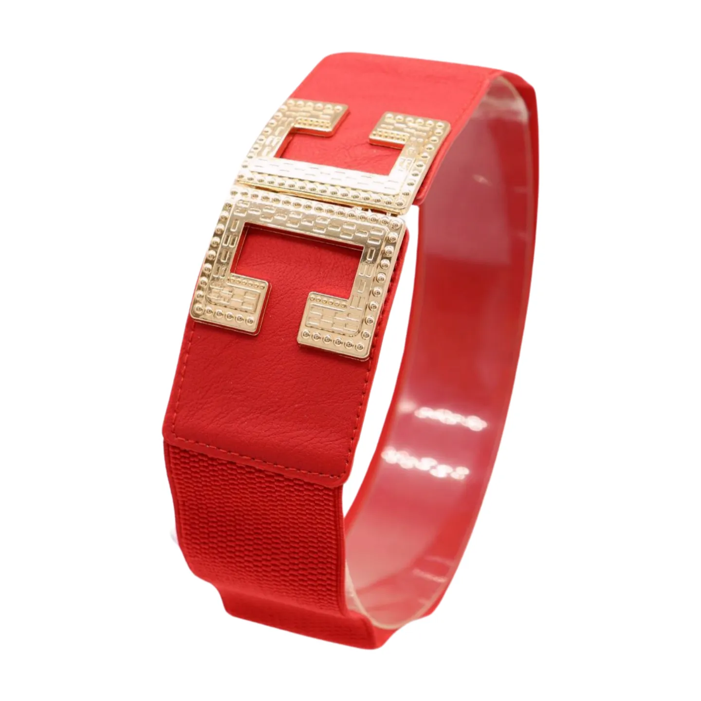 Women Red Elastic Fashion Belt Gold Metal C Buckle Fit Size S M