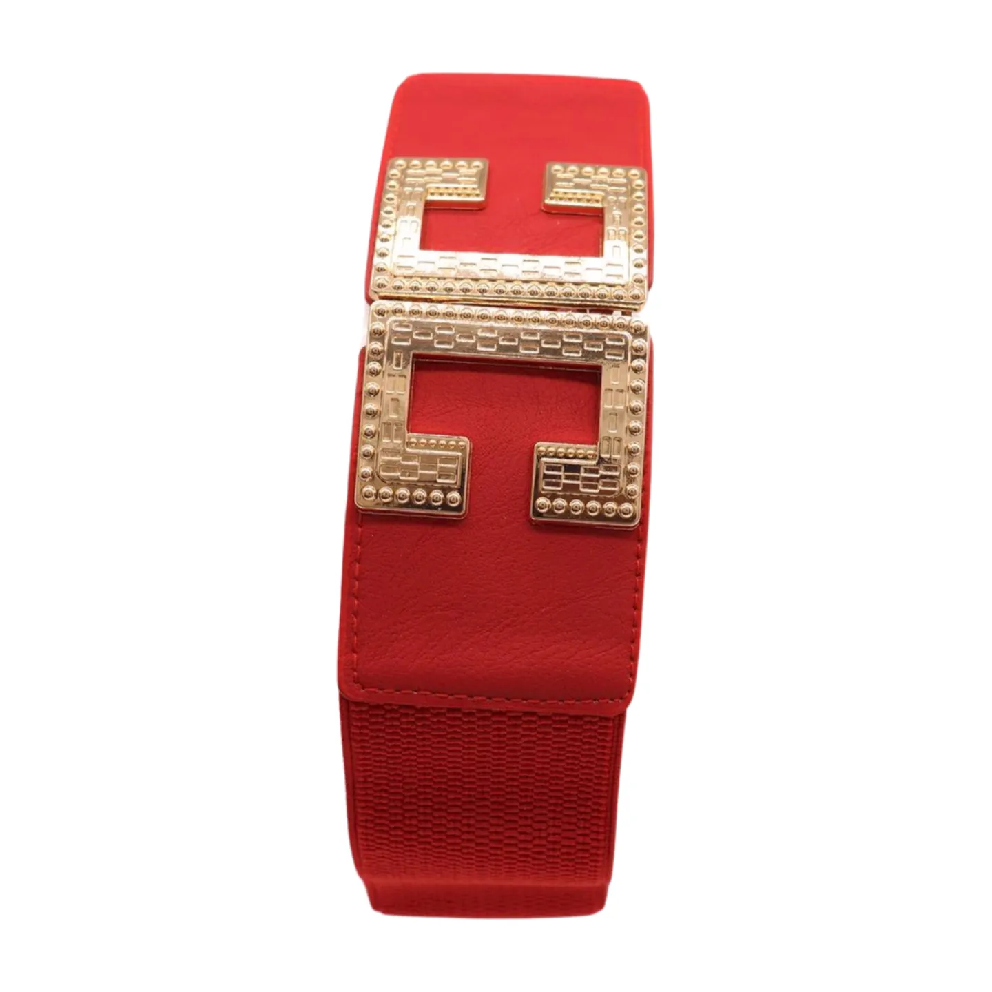 Women Red Elastic Fashion Belt Gold Metal C Buckle Fit Size S M