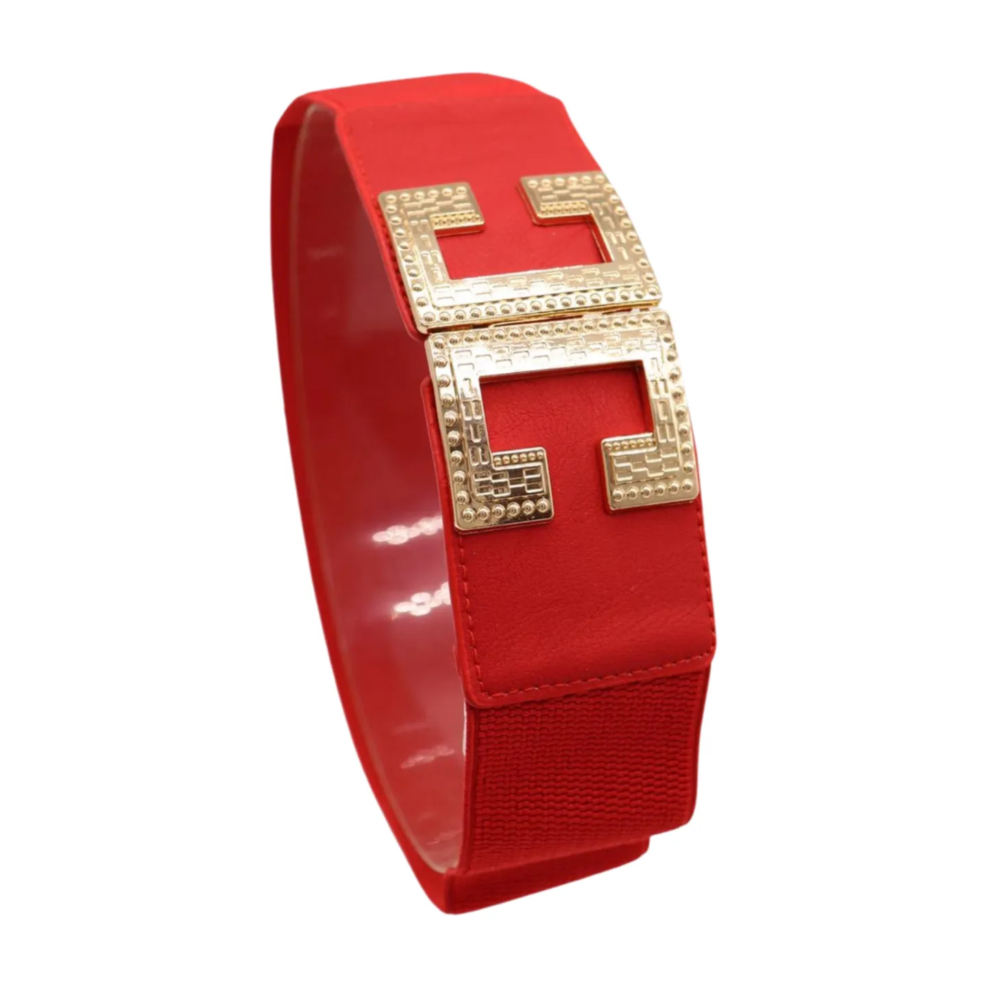 Women Red Elastic Fashion Belt Gold Metal C Buckle Fit Size S M