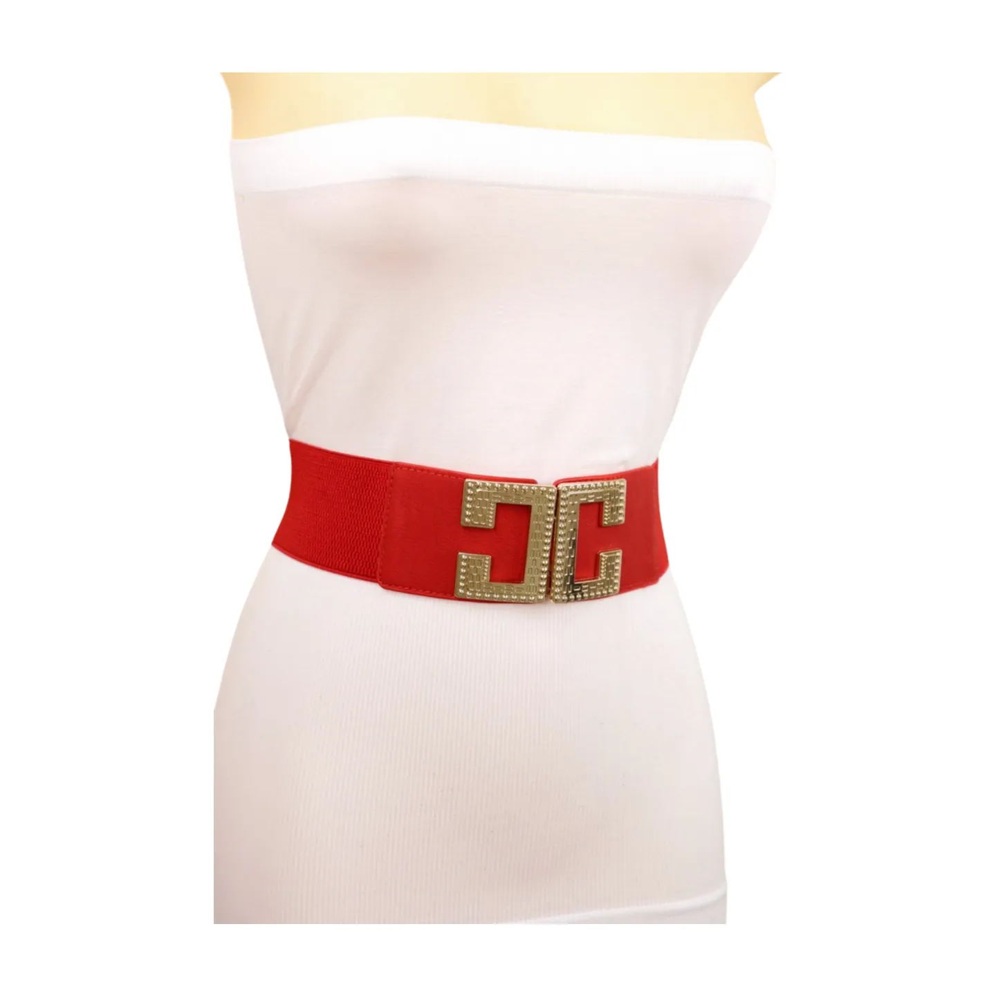 Women Red Elastic Fashion Belt Gold Metal C Buckle Fit Size S M