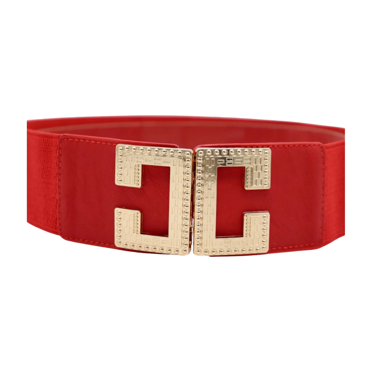 Women Red Elastic Fashion Belt Gold Metal C Buckle Fit Size S M