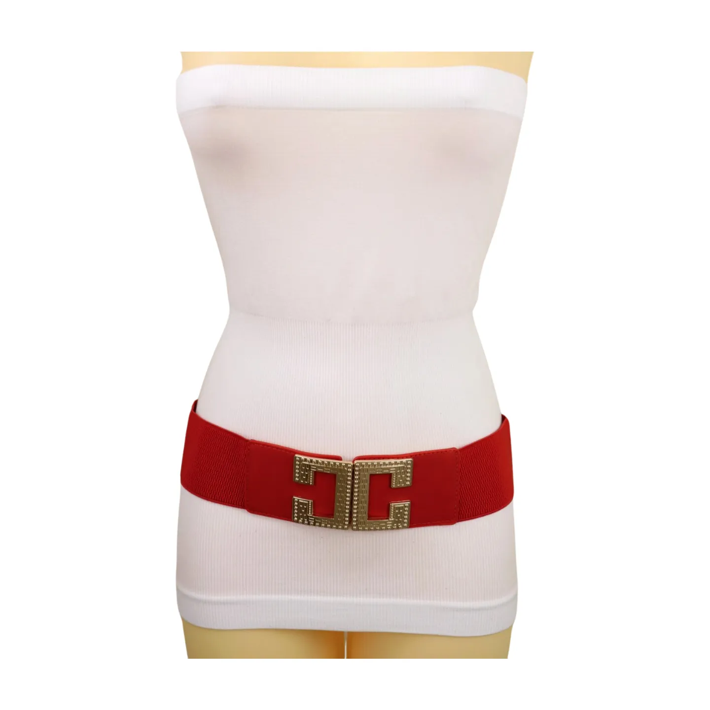 Women Red Elastic Fashion Belt Gold Metal C Buckle Fit Size S M
