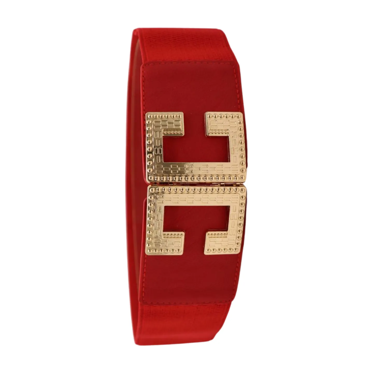 Women Red Elastic Fashion Belt Gold Metal C Buckle Fit Size S M