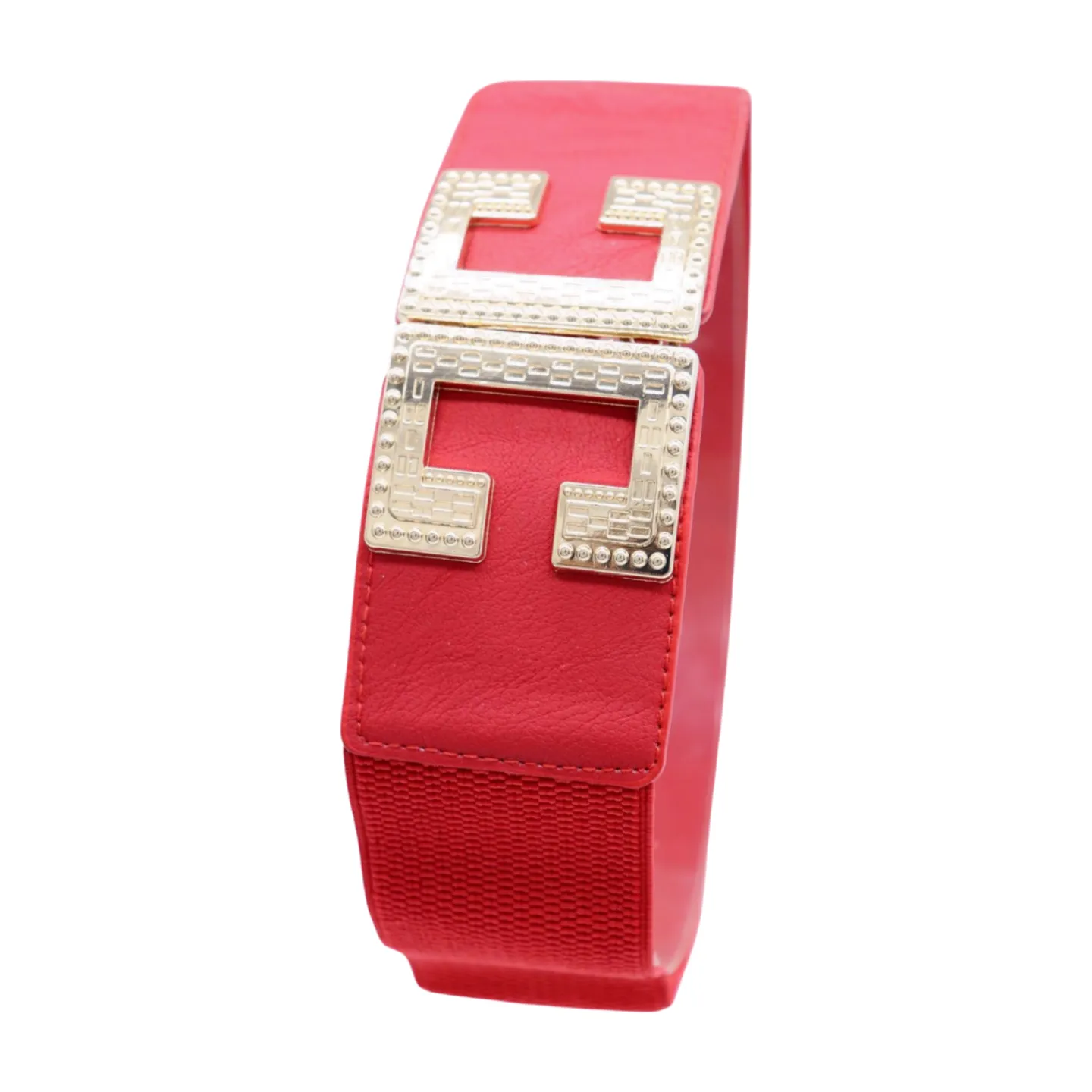 Women Red Elastic Fashion Belt Gold Metal C Buckle Fit Size S M