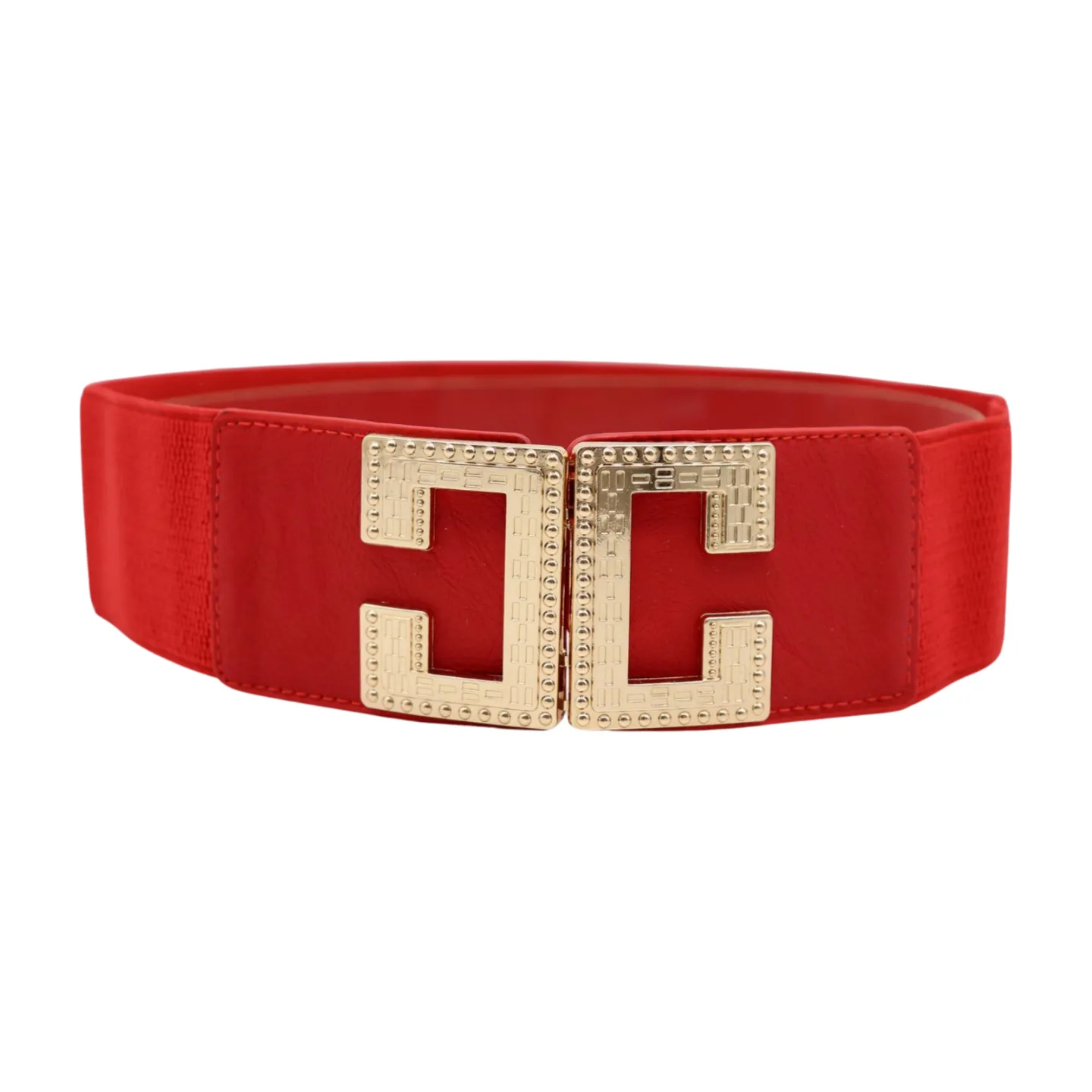 Women Red Elastic Fashion Belt Gold Metal C Buckle Fit Size S M