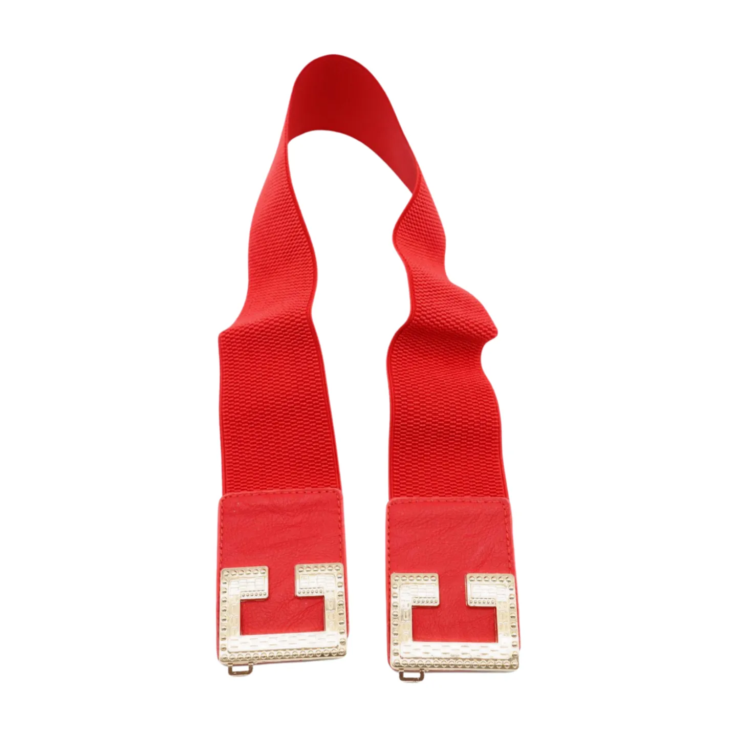 Women Red Elastic Fashion Belt Gold Metal C Buckle Fit Size S M