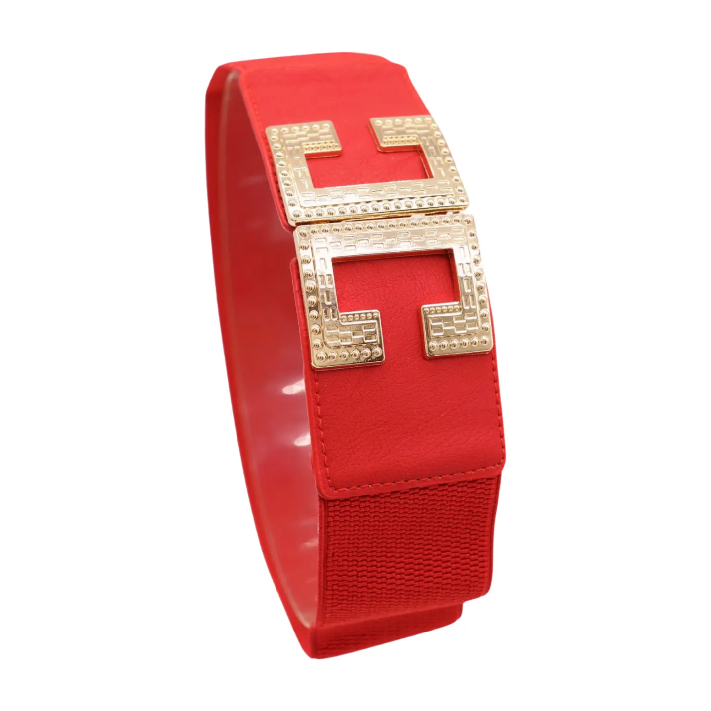 Women Red Elastic Fashion Belt Gold Metal C Buckle Fit Size S M