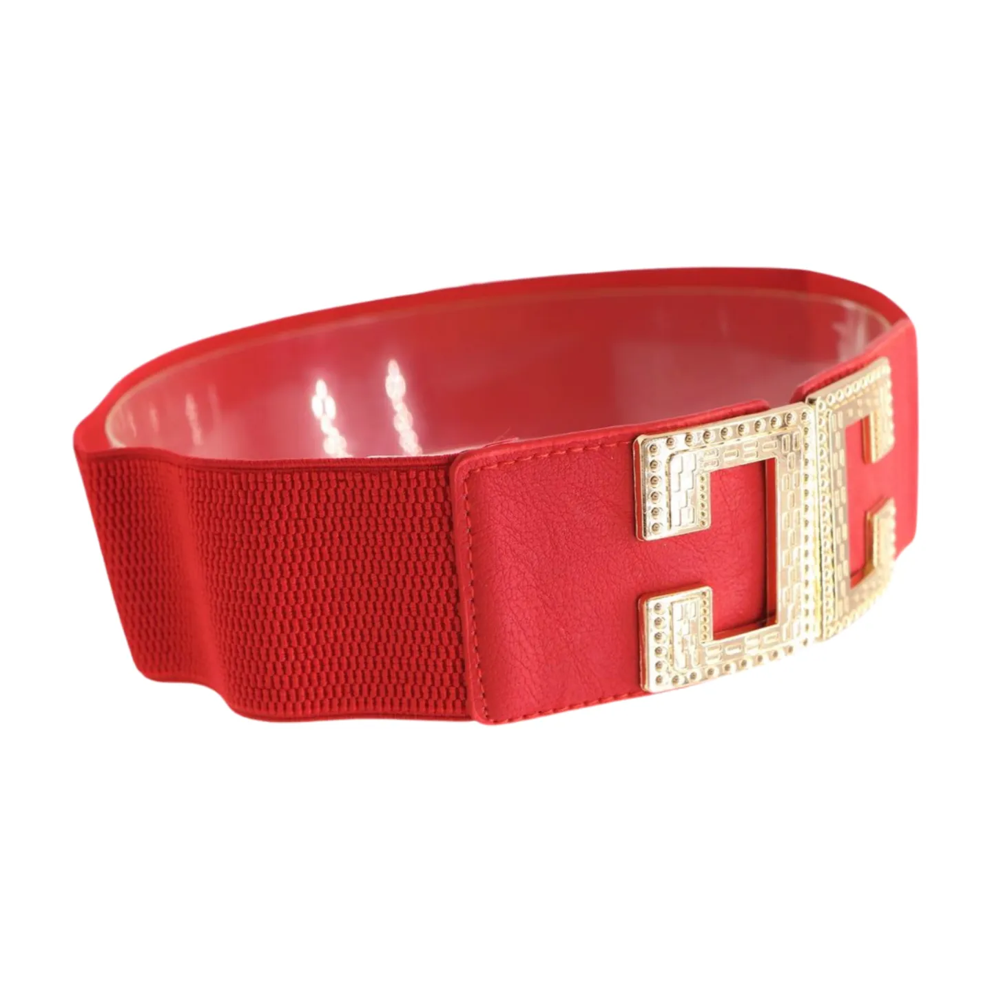 Women Red Elastic Fashion Belt Gold Metal C Buckle Fit Size S M