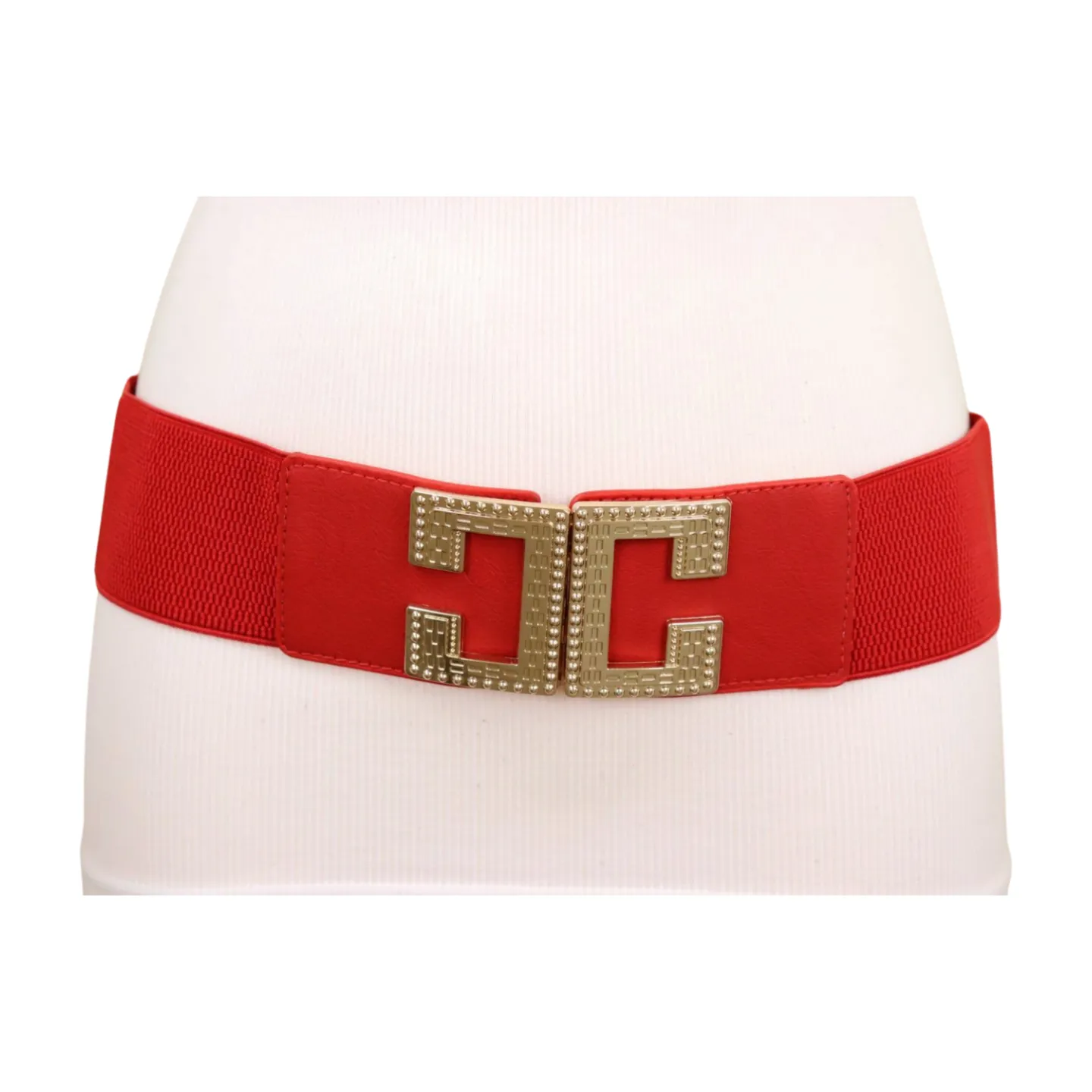 Women Red Elastic Fashion Belt Gold Metal C Buckle Fit Size S M