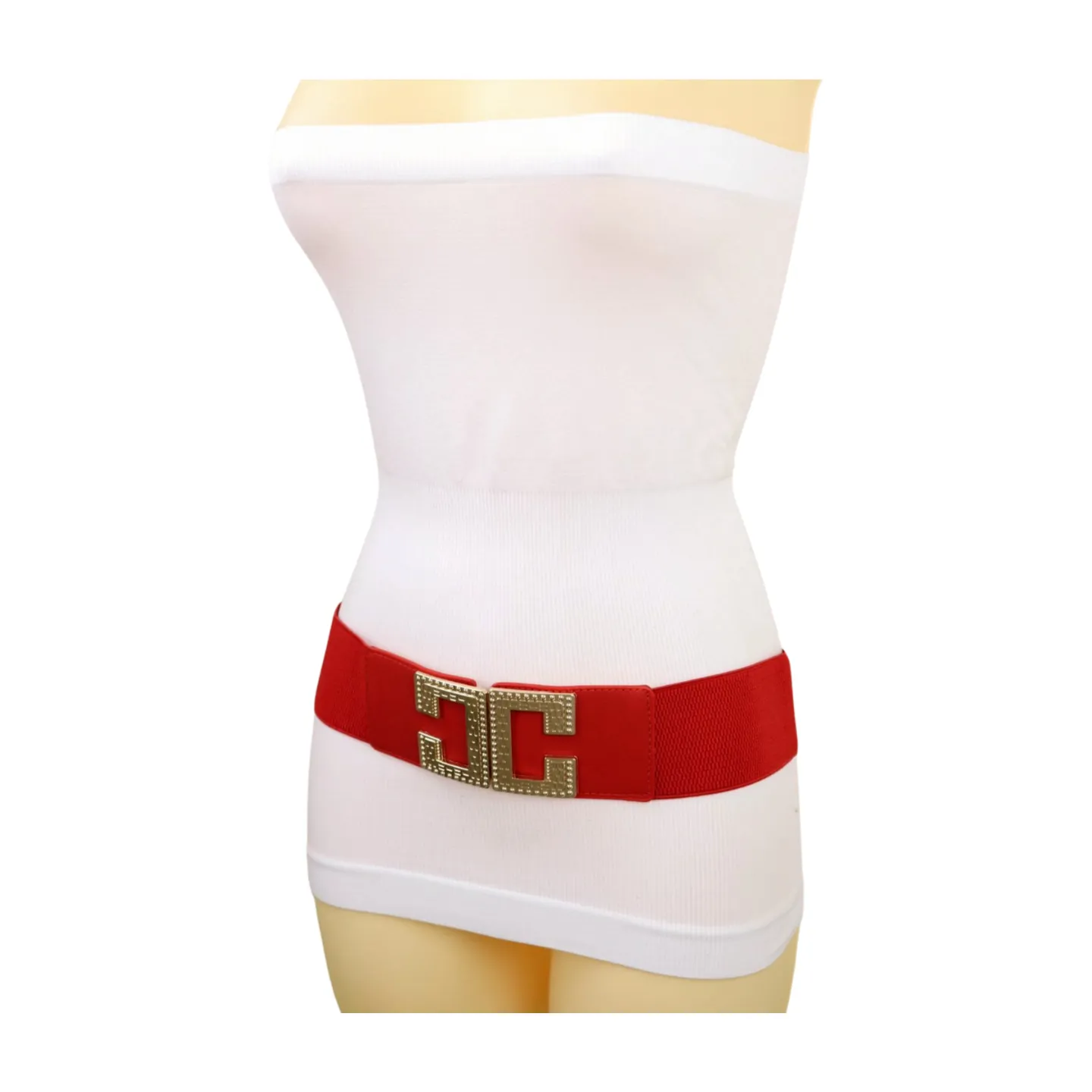 Women Red Elastic Fashion Belt Gold Metal C Buckle Fit Size S M