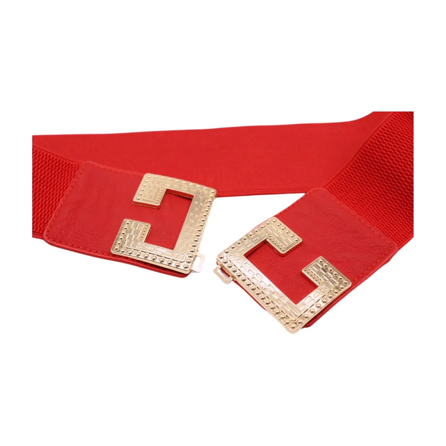 Women Red Elastic Fashion Belt Gold Metal C Buckle Fit Size S M