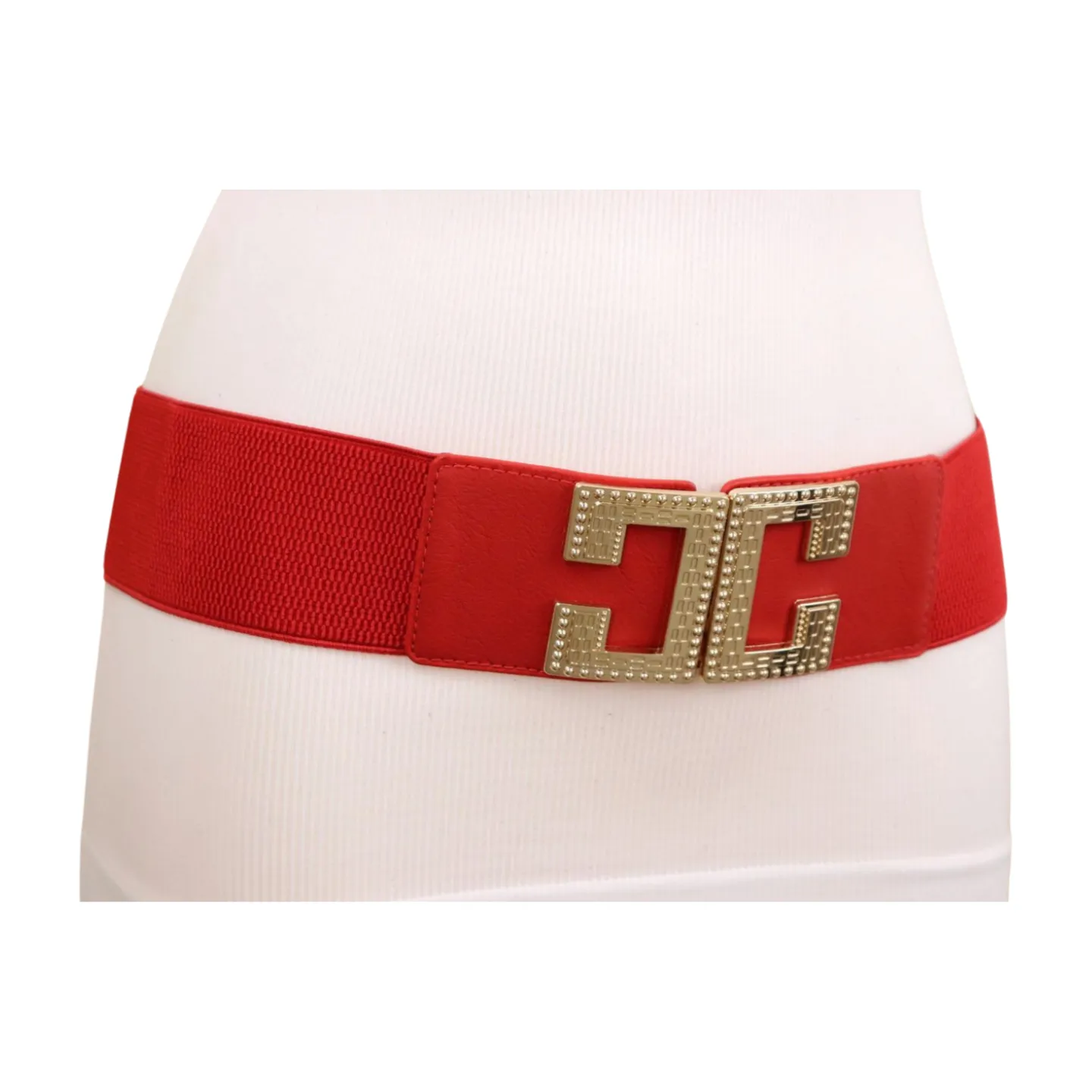 Women Red Elastic Fashion Belt Gold Metal C Buckle Fit Size S M