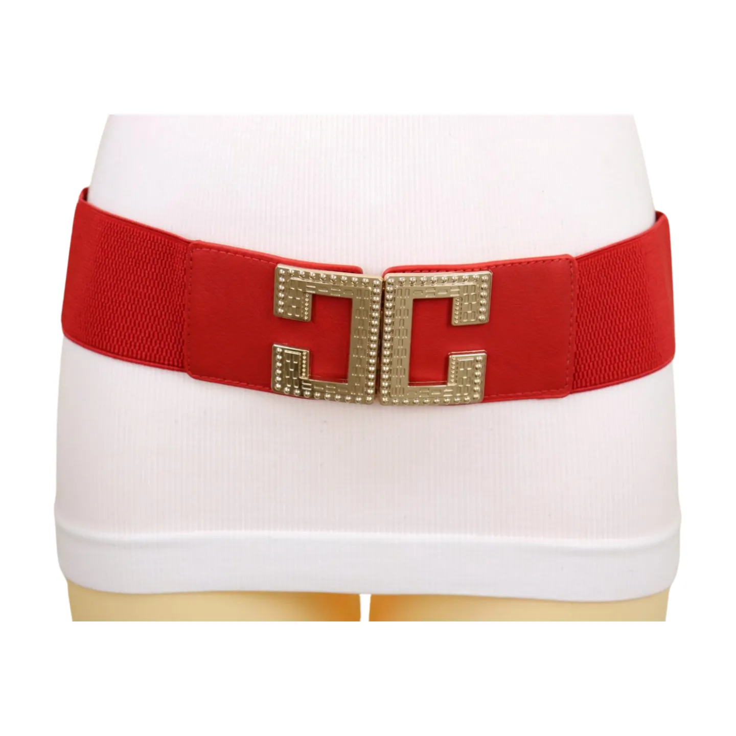 Women Red Elastic Fashion Belt Gold Metal C Buckle Fit Size S M