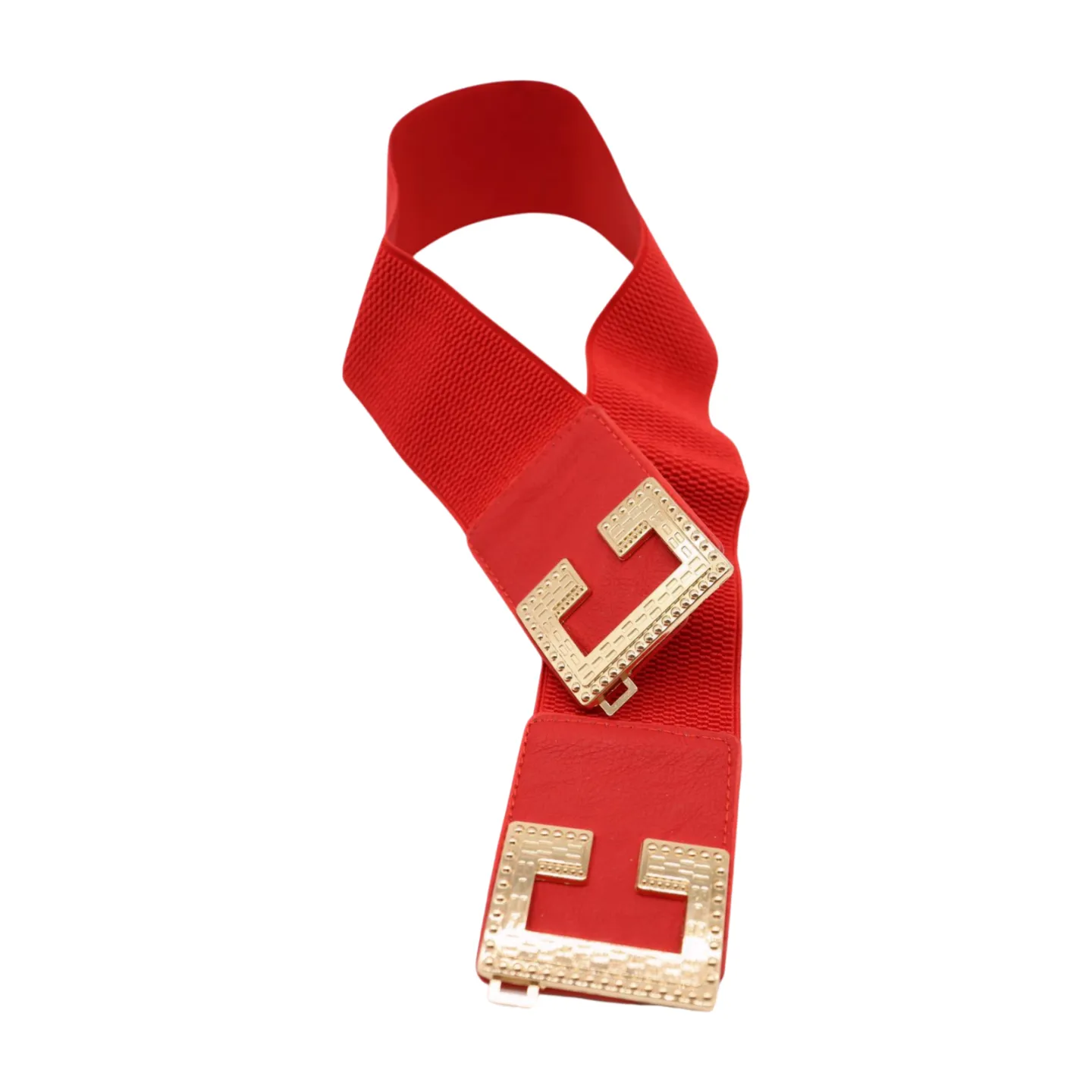 Women Red Elastic Fashion Belt Gold Metal C Buckle Fit Size S M