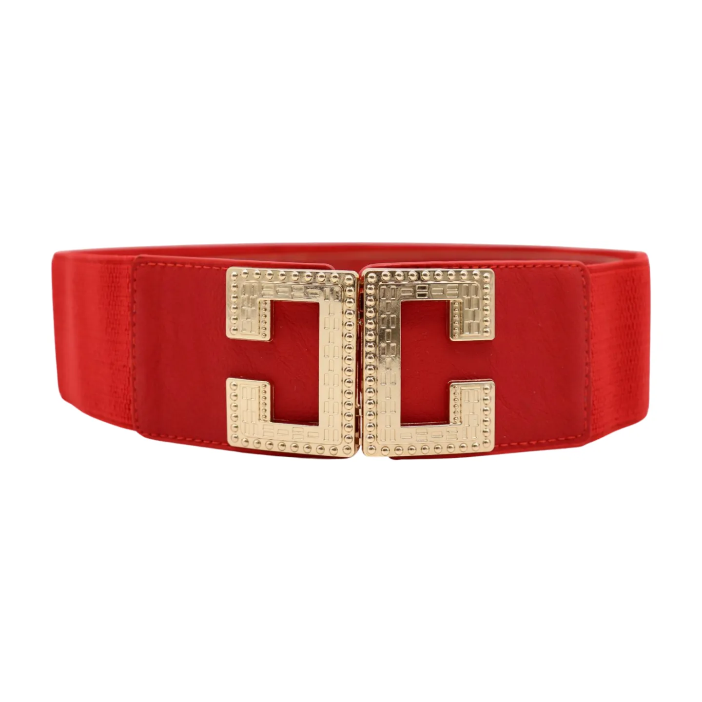 Women Red Elastic Fashion Belt Gold Metal C Buckle Fit Size S M