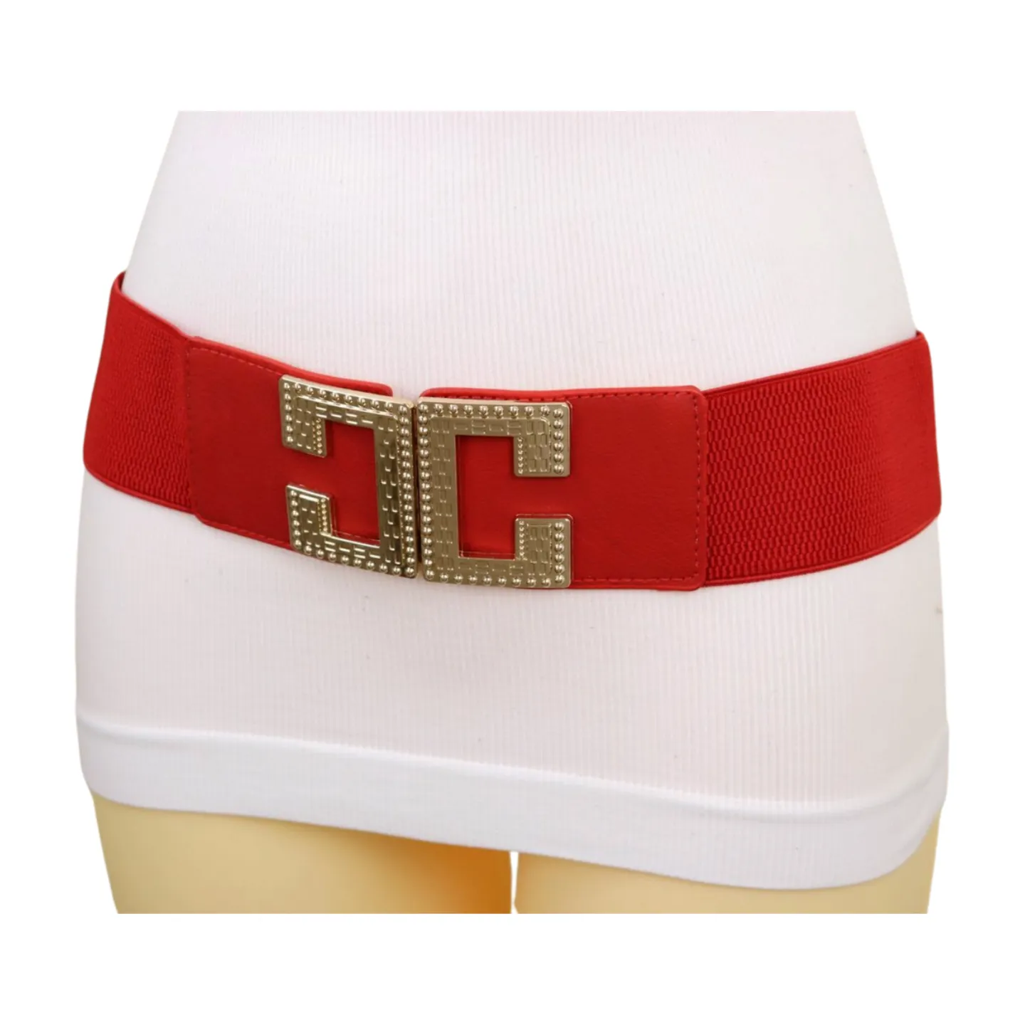 Women Red Elastic Fashion Belt Gold Metal C Buckle Fit Size S M