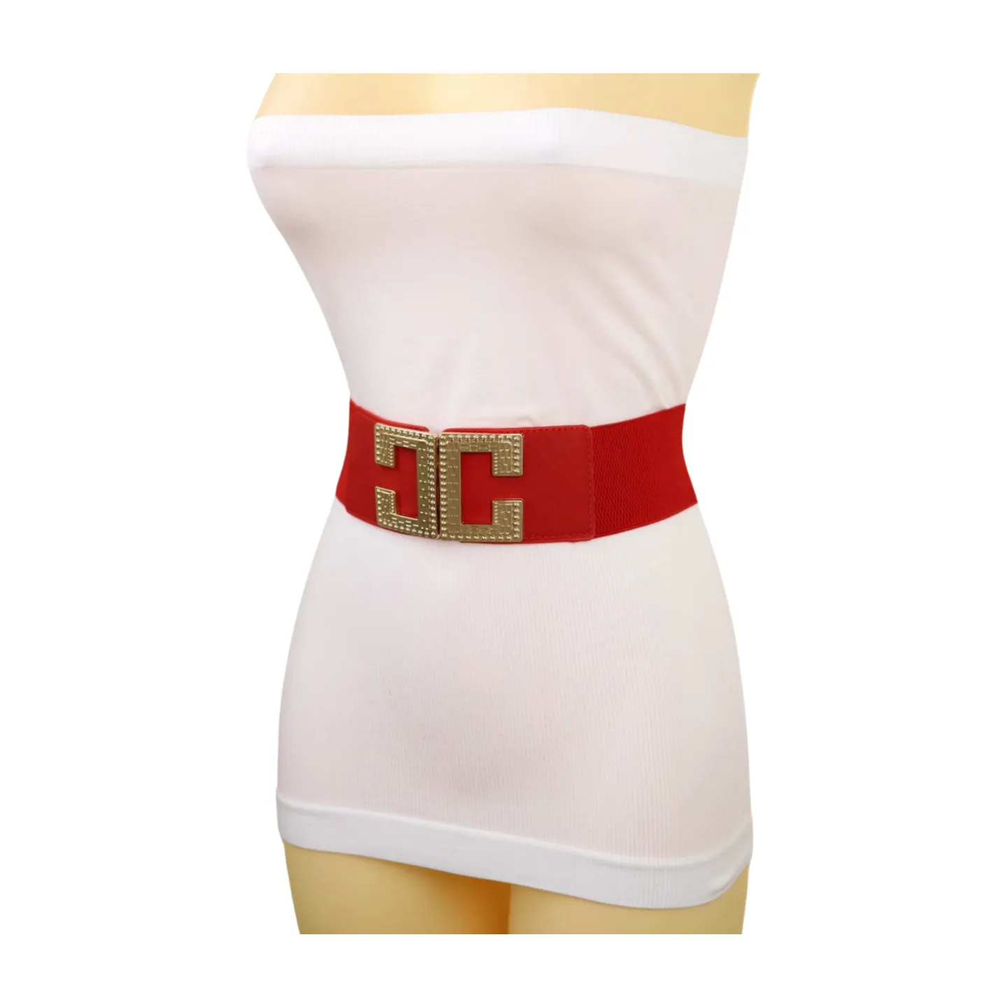 Women Red Elastic Fashion Belt Gold Metal C Buckle Fit Size S M