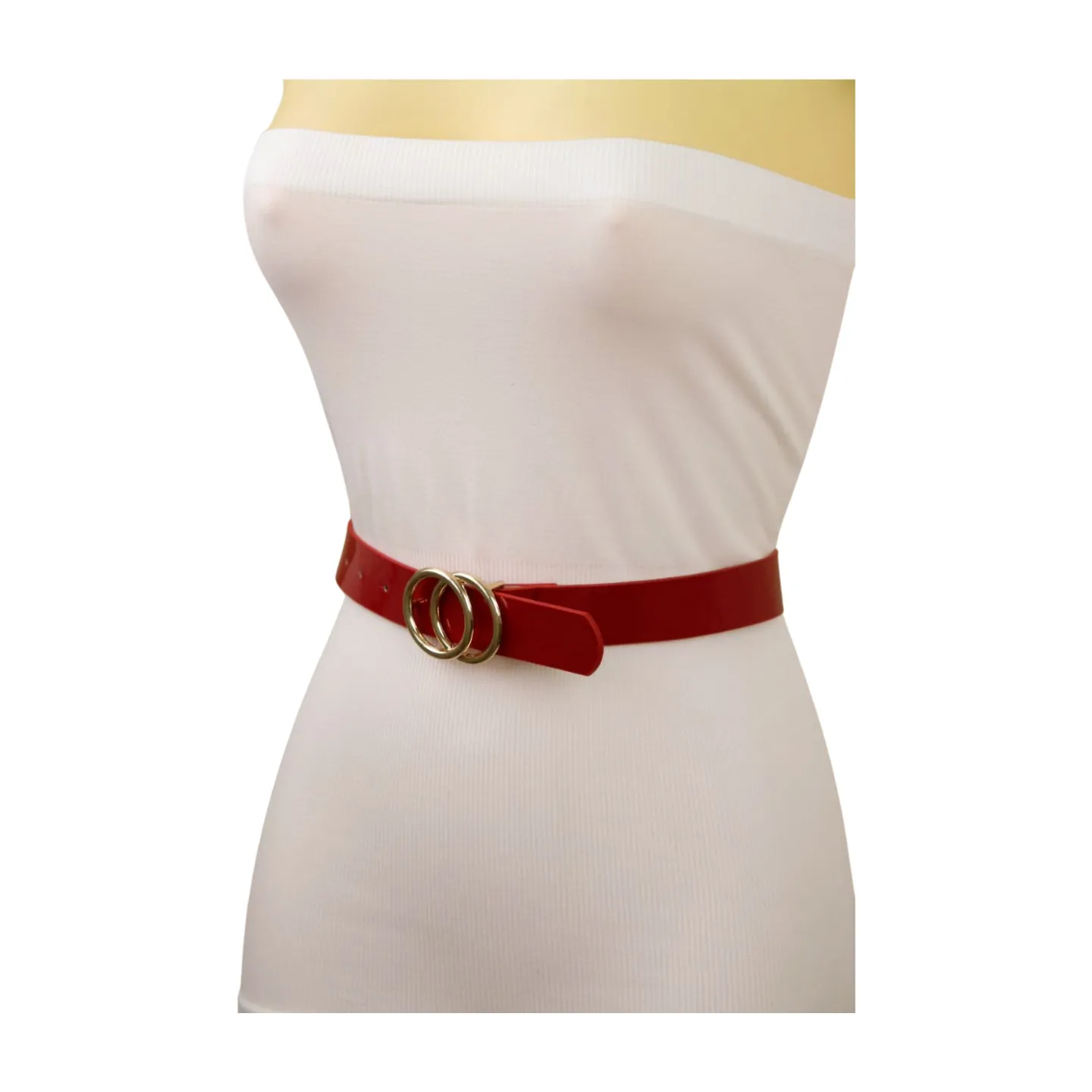 Women Red Faux Patent Leather Skinny Fashion Belt Gold Metal Circles Buckle S M