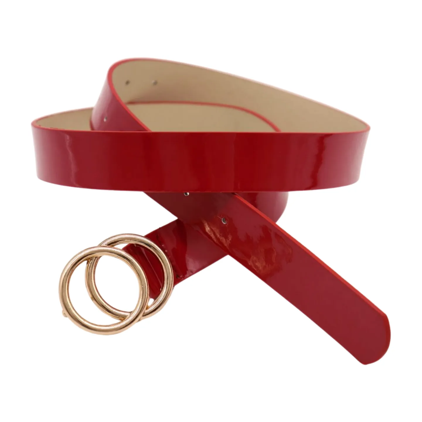 Women Red Faux Patent Leather Skinny Fashion Belt Gold Metal Circles Buckle S M
