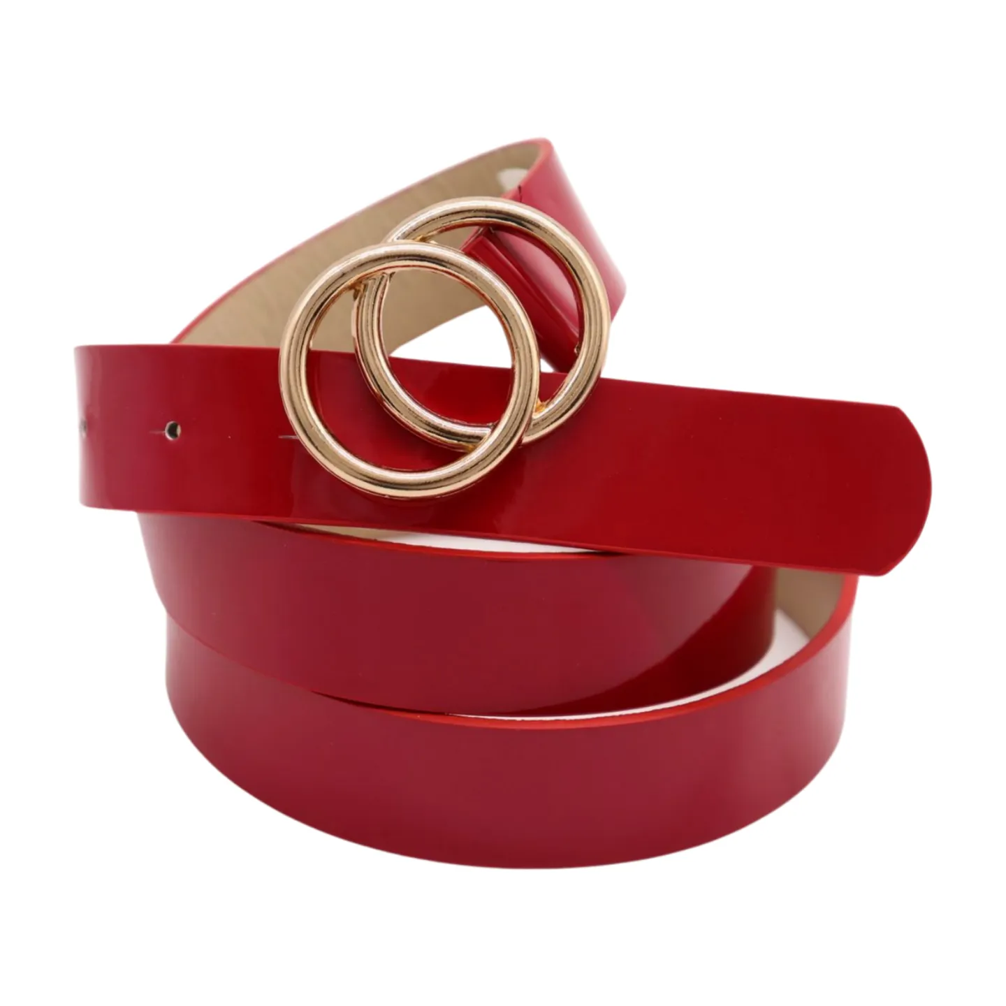Women Red Faux Patent Leather Skinny Fashion Belt Gold Metal Circles Buckle S M