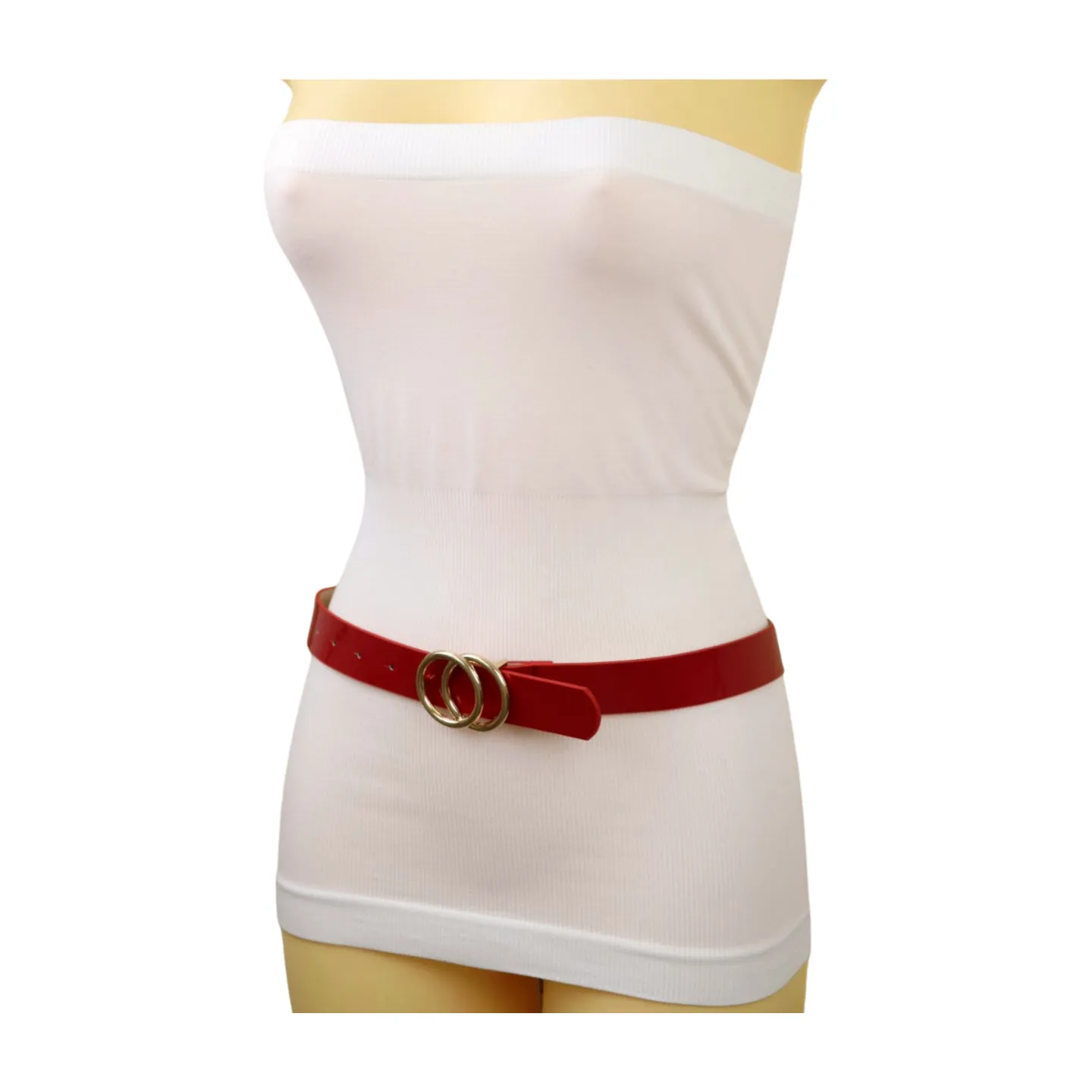 Women Red Faux Patent Leather Skinny Fashion Belt Gold Metal Circles Buckle S M
