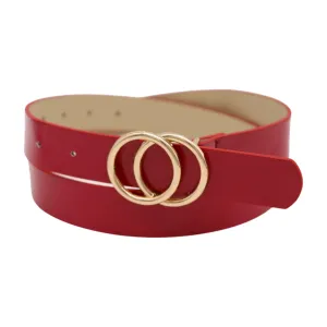 Women Red Faux Patent Leather Skinny Fashion Belt Gold Metal Circles Buckle S M