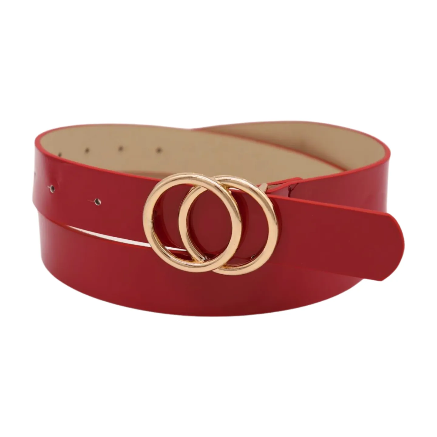 Women Red Faux Patent Leather Skinny Fashion Belt Gold Metal Circles Buckle S M