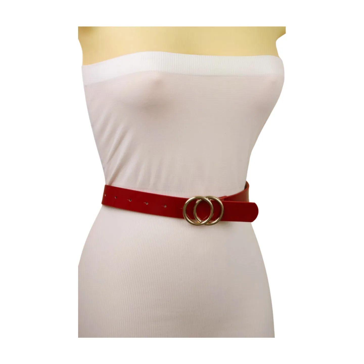 Women Red Faux Patent Leather Skinny Fashion Belt Gold Metal Circles Buckle S M