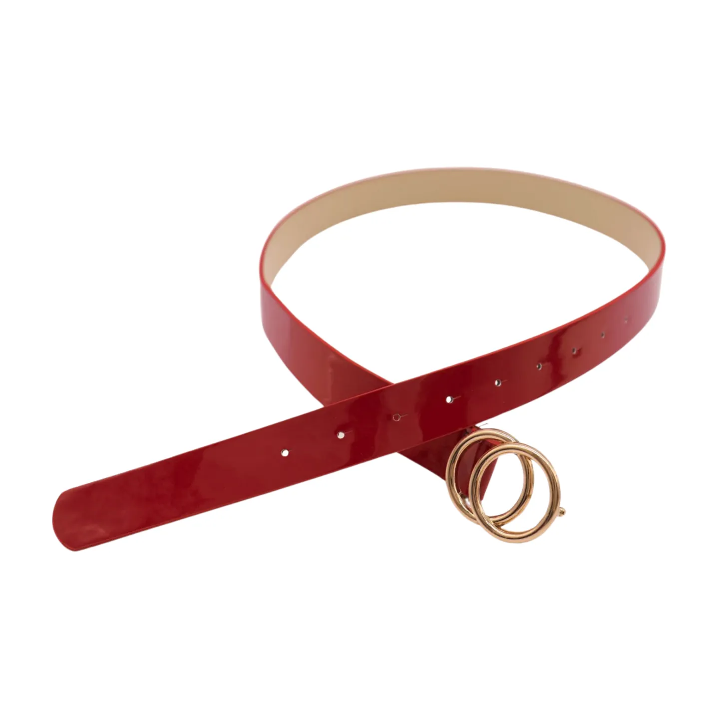 Women Red Faux Patent Leather Skinny Fashion Belt Gold Metal Circles Buckle S M