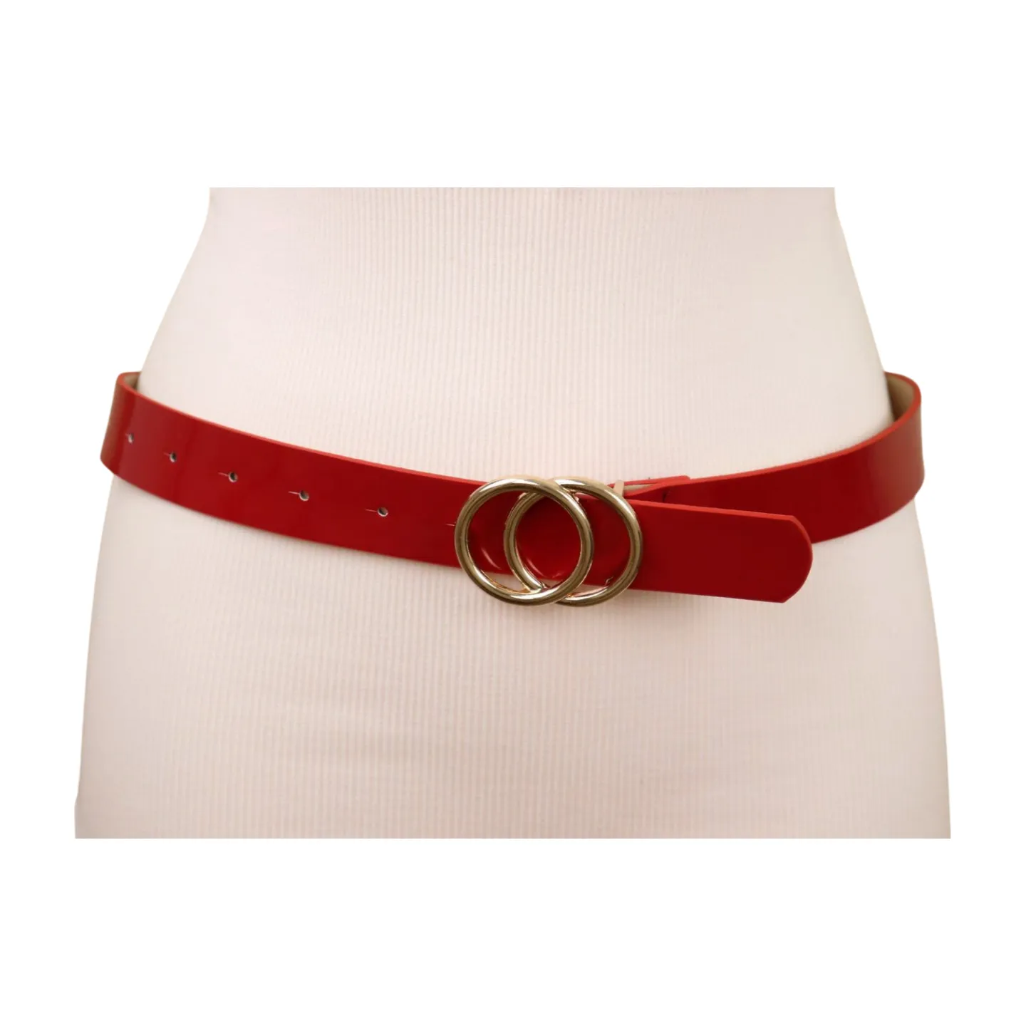 Women Red Faux Patent Leather Skinny Fashion Belt Gold Metal Circles Buckle S M