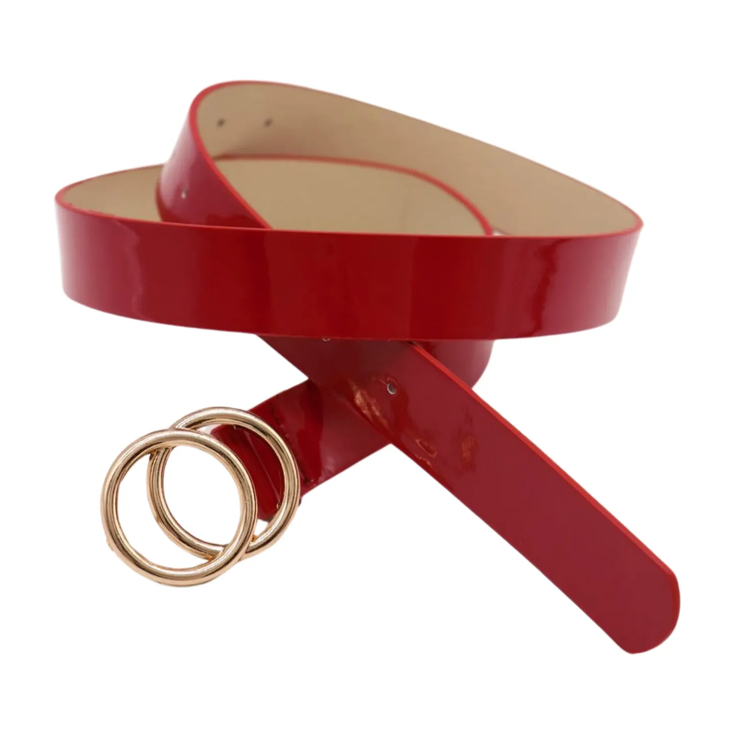 Women Red Faux Patent Leather Skinny Fashion Belt Gold Metal Circles Buckle S M