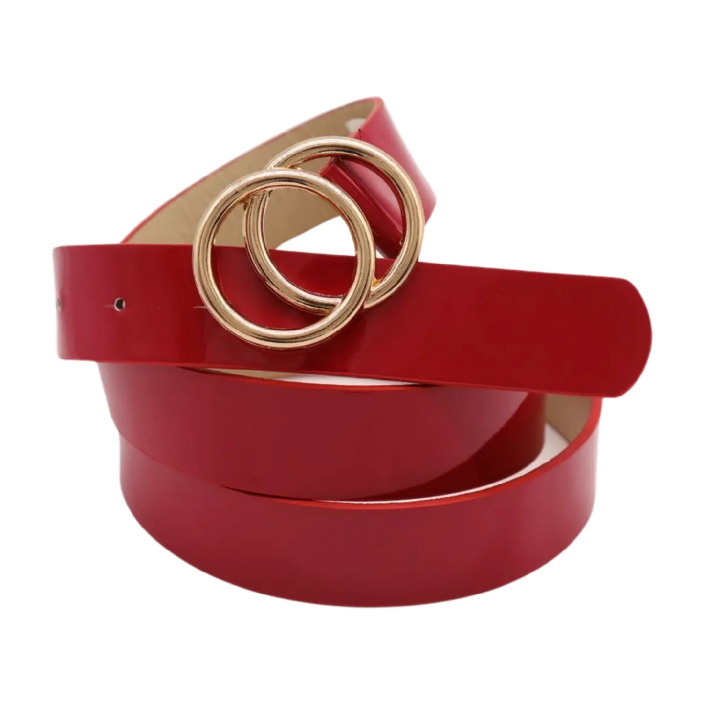 Women Red Faux Patent Leather Skinny Fashion Belt Gold Metal Circles Buckle S M