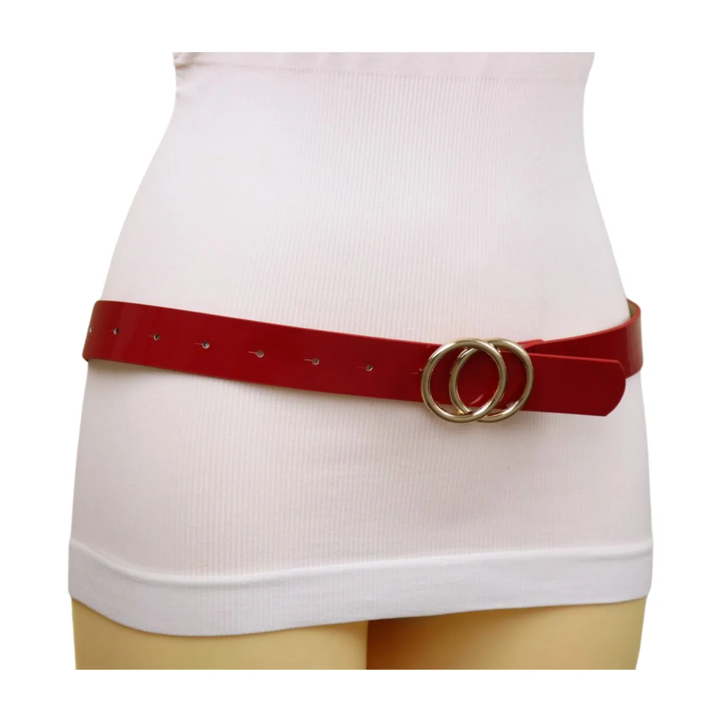 Women Red Faux Patent Leather Skinny Fashion Belt Gold Metal Circles Buckle S M