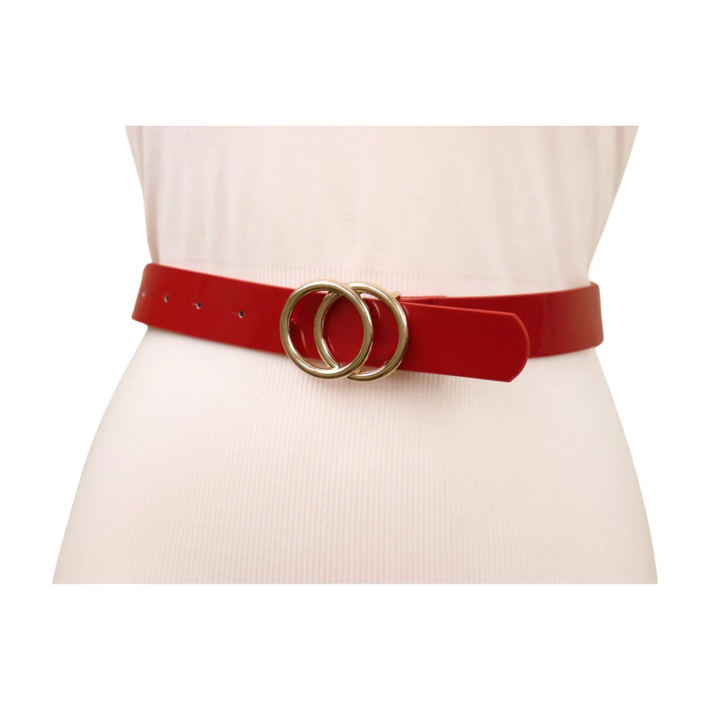 Women Red Faux Patent Leather Skinny Fashion Belt Gold Metal Circles Buckle S M