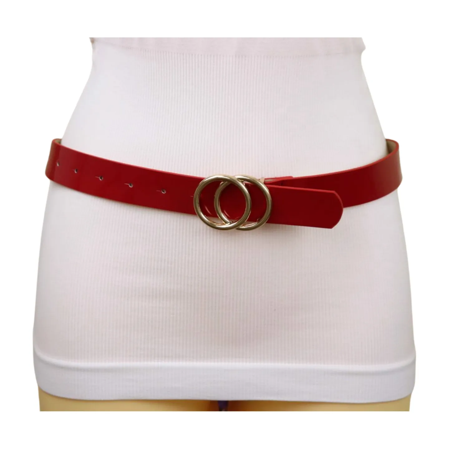 Women Red Faux Patent Leather Skinny Fashion Belt Gold Metal Circles Buckle S M