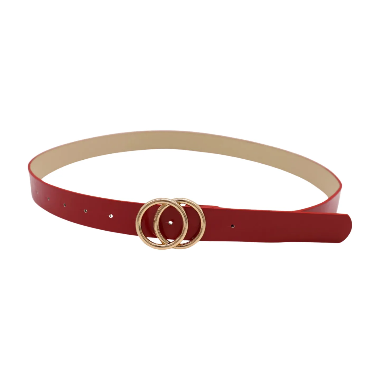 Women Red Faux Patent Leather Skinny Fashion Belt Gold Metal Circles Buckle S M