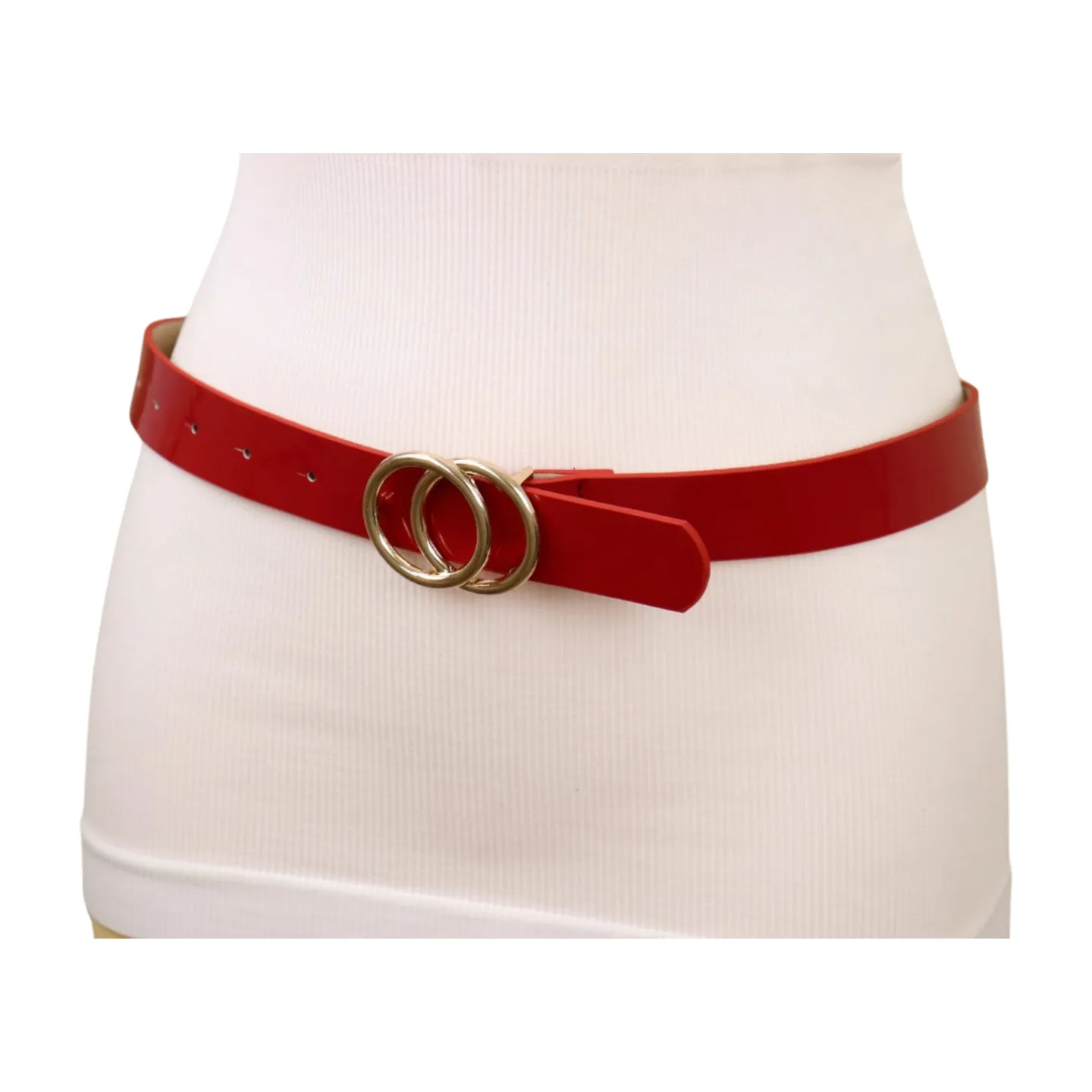 Women Red Faux Patent Leather Skinny Fashion Belt Gold Metal Circles Buckle S M