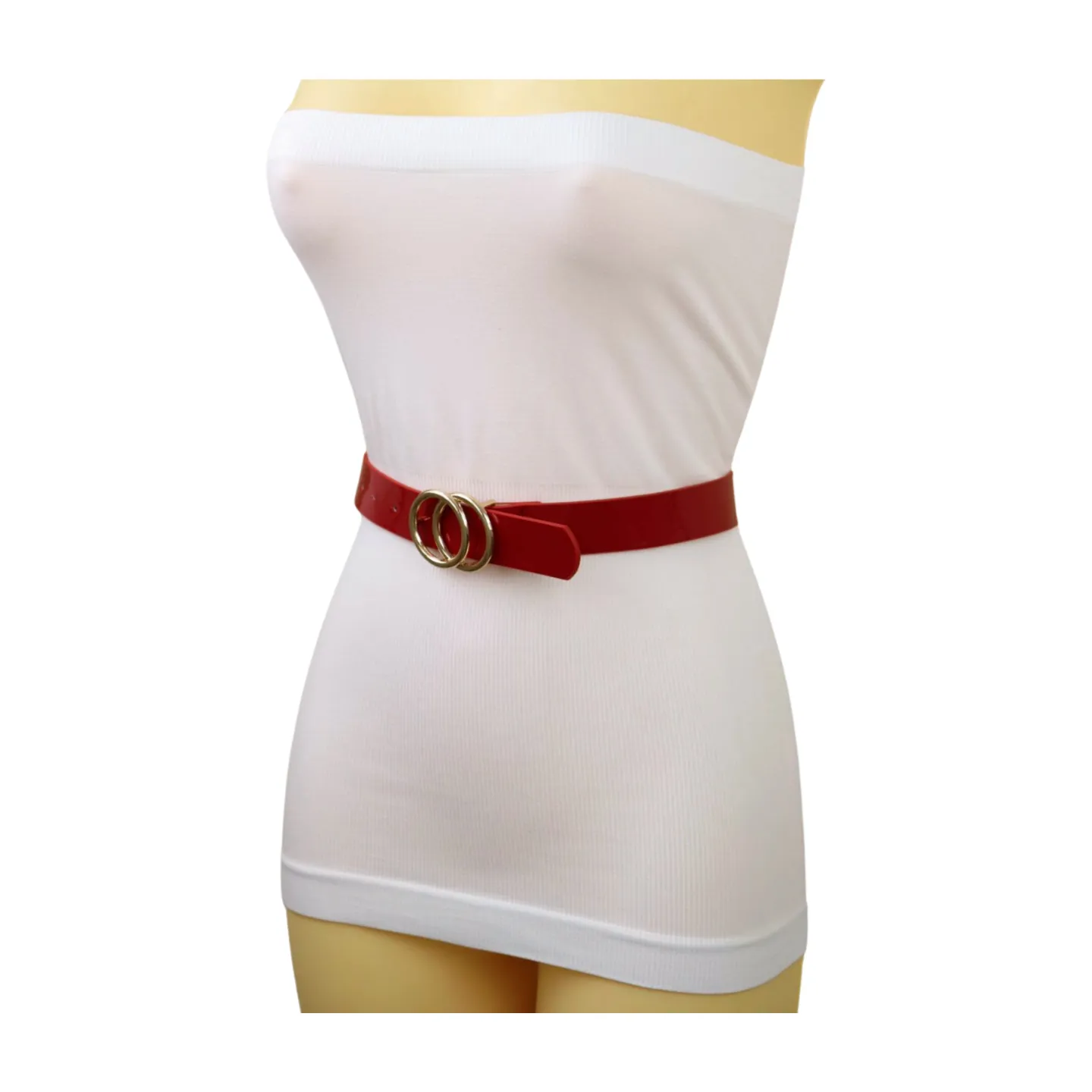 Women Red Faux Patent Leather Skinny Fashion Belt Gold Metal Circles Buckle S M