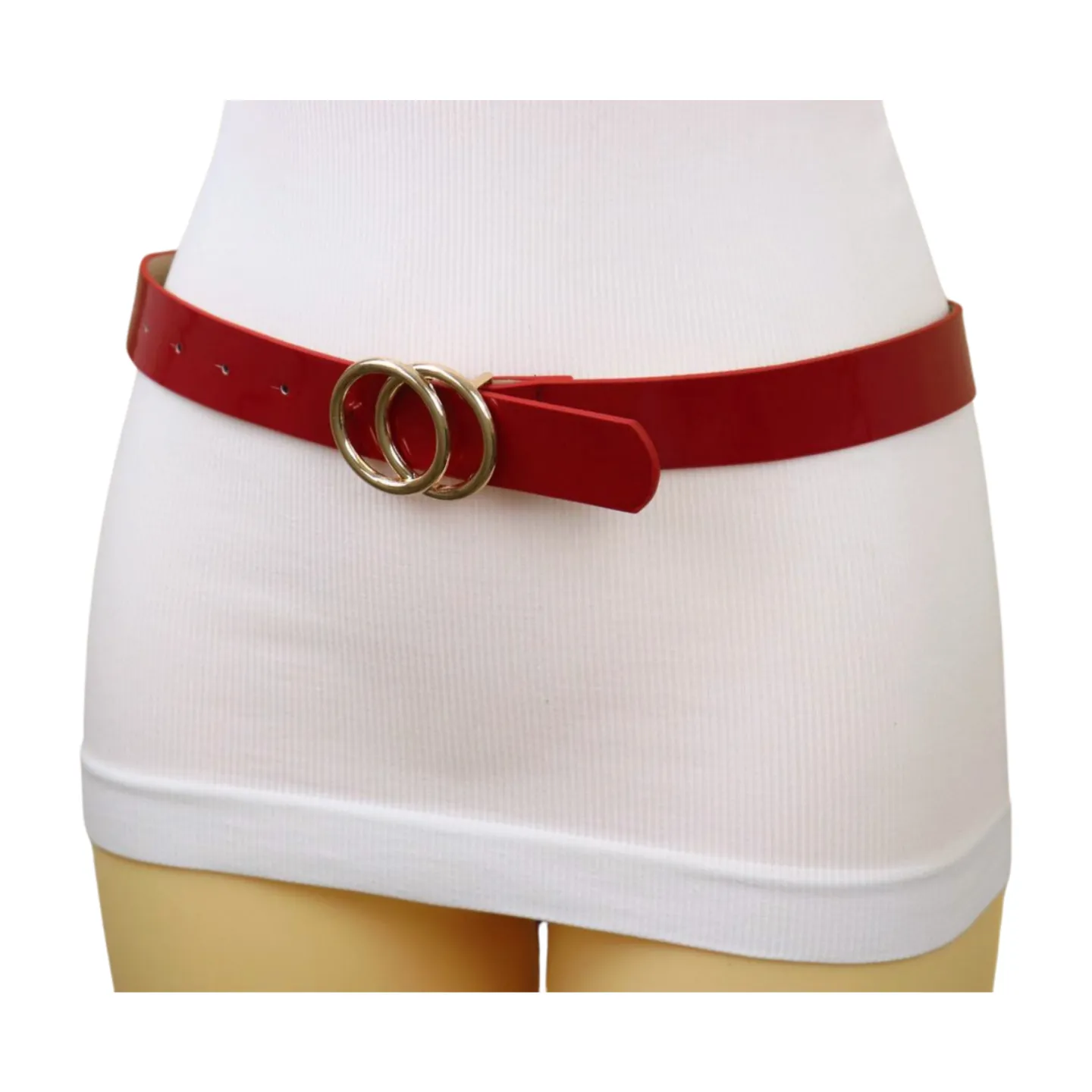 Women Red Faux Patent Leather Skinny Fashion Belt Gold Metal Circles Buckle S M