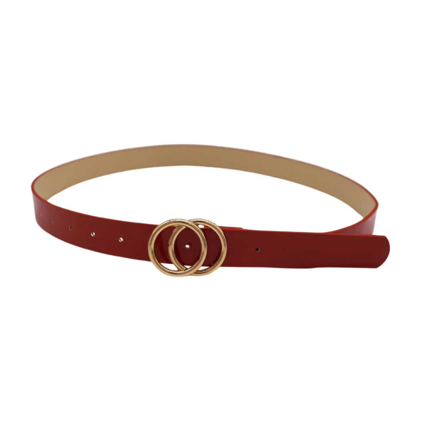 Women Red Faux Patent Leather Skinny Fashion Belt Gold Metal Circles Buckle S M