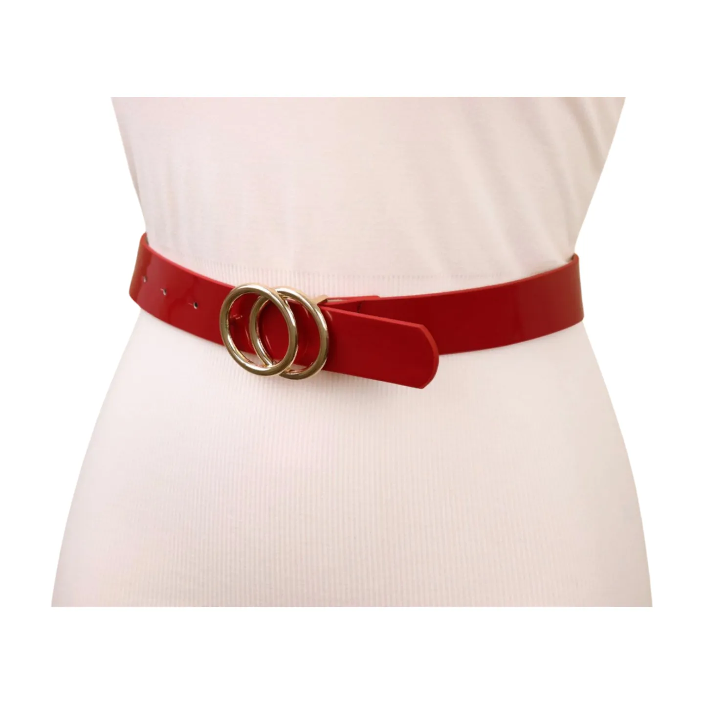Women Red Faux Patent Leather Skinny Fashion Belt Gold Metal Circles Buckle S M