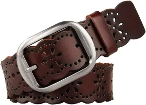 Women’s Hollow Flower Leather Belt for Jeans Pants Wide Belt for Ladies