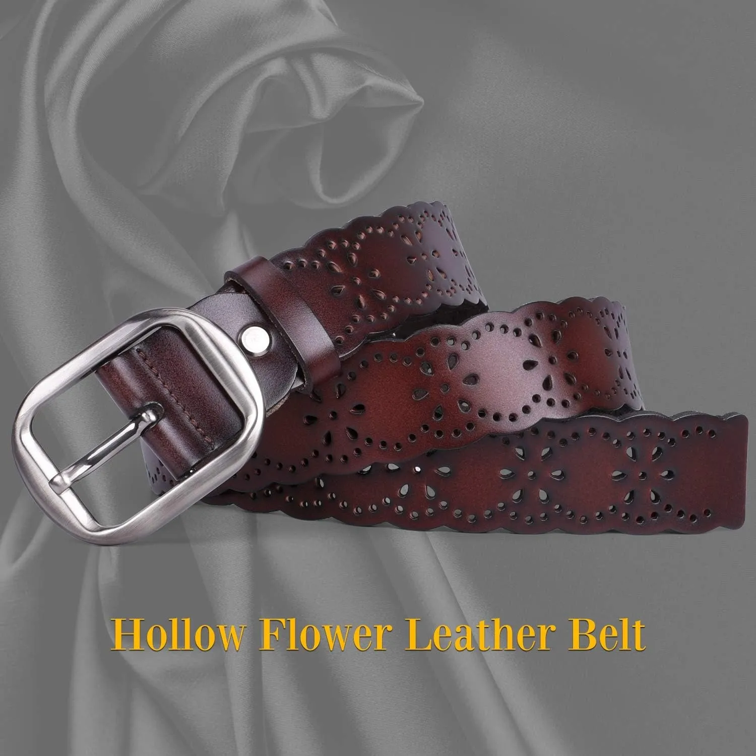 Women’s Hollow Flower Leather Belt for Jeans Pants Wide Belt for Ladies