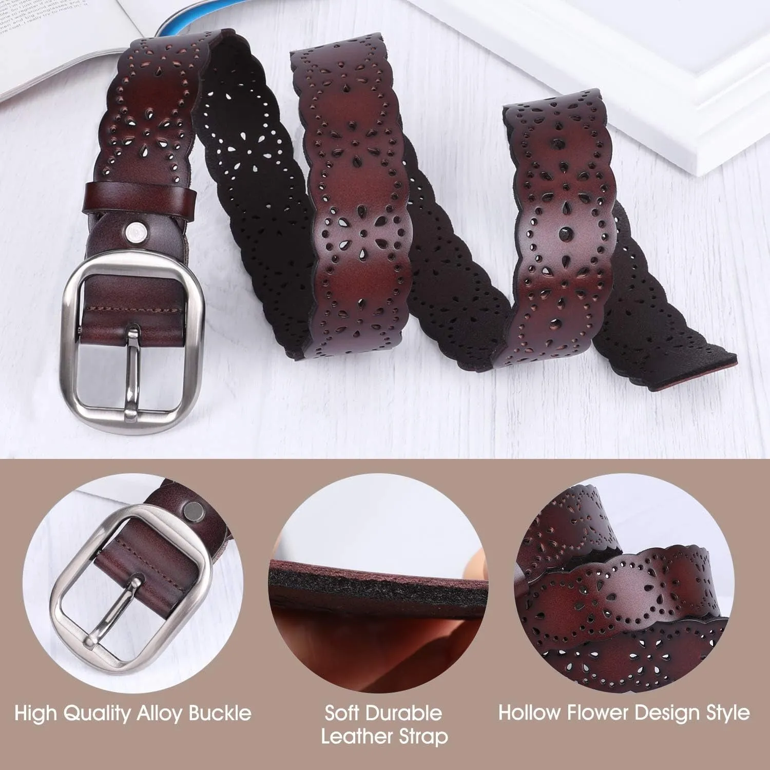 Women’s Hollow Flower Leather Belt for Jeans Pants Wide Belt for Ladies