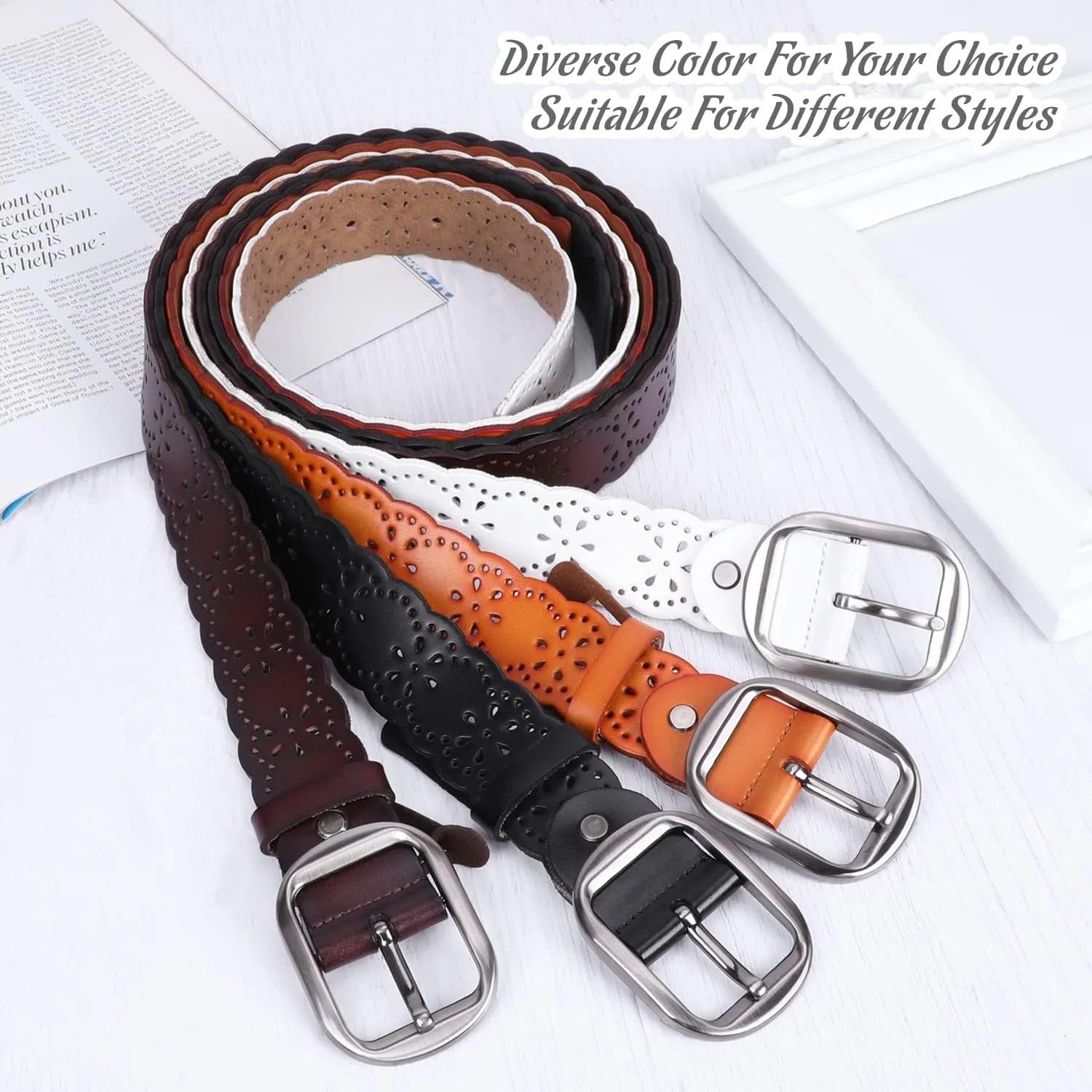 Women’s Hollow Flower Leather Belt for Jeans Pants Wide Belt for Ladies