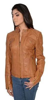 WOMEN'S RACER SHORT W/FOUR EXTERIOR POCKETS TAN COLOR VERY SOFT REAL LEATHER NEW