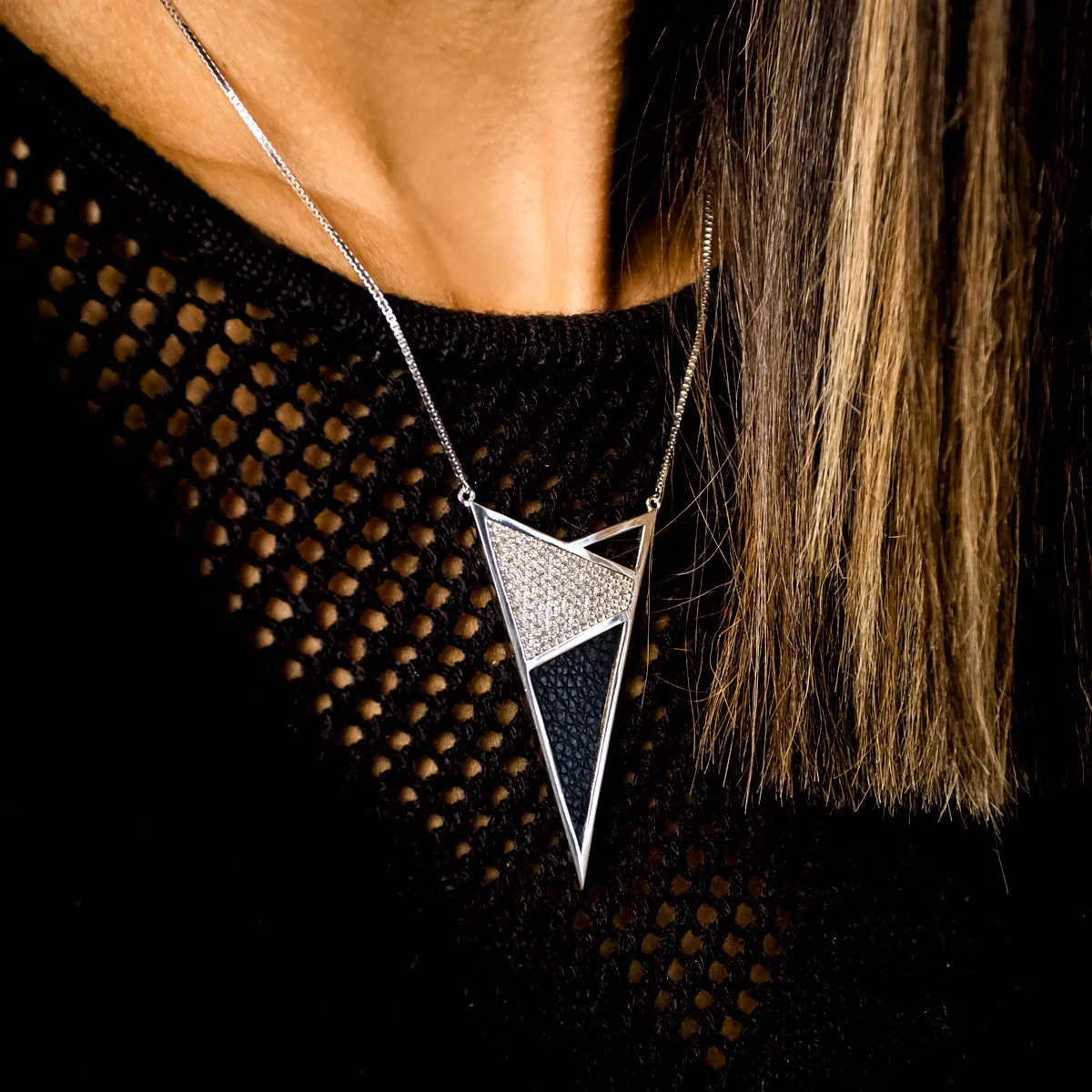 XLarge Triangle Leather Inlay Crystal Gold Necklace